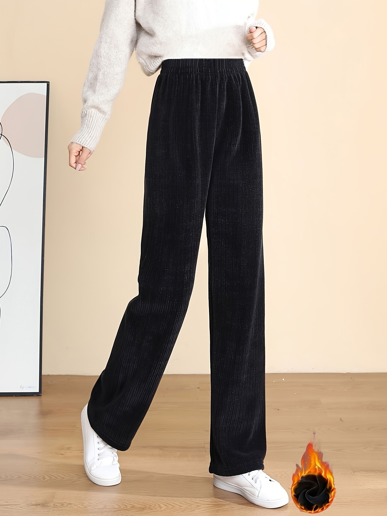 solid fleece straight leg pants, solid fleece straight leg pants casual high waist thermal pants for fall winter womens clothing details 6