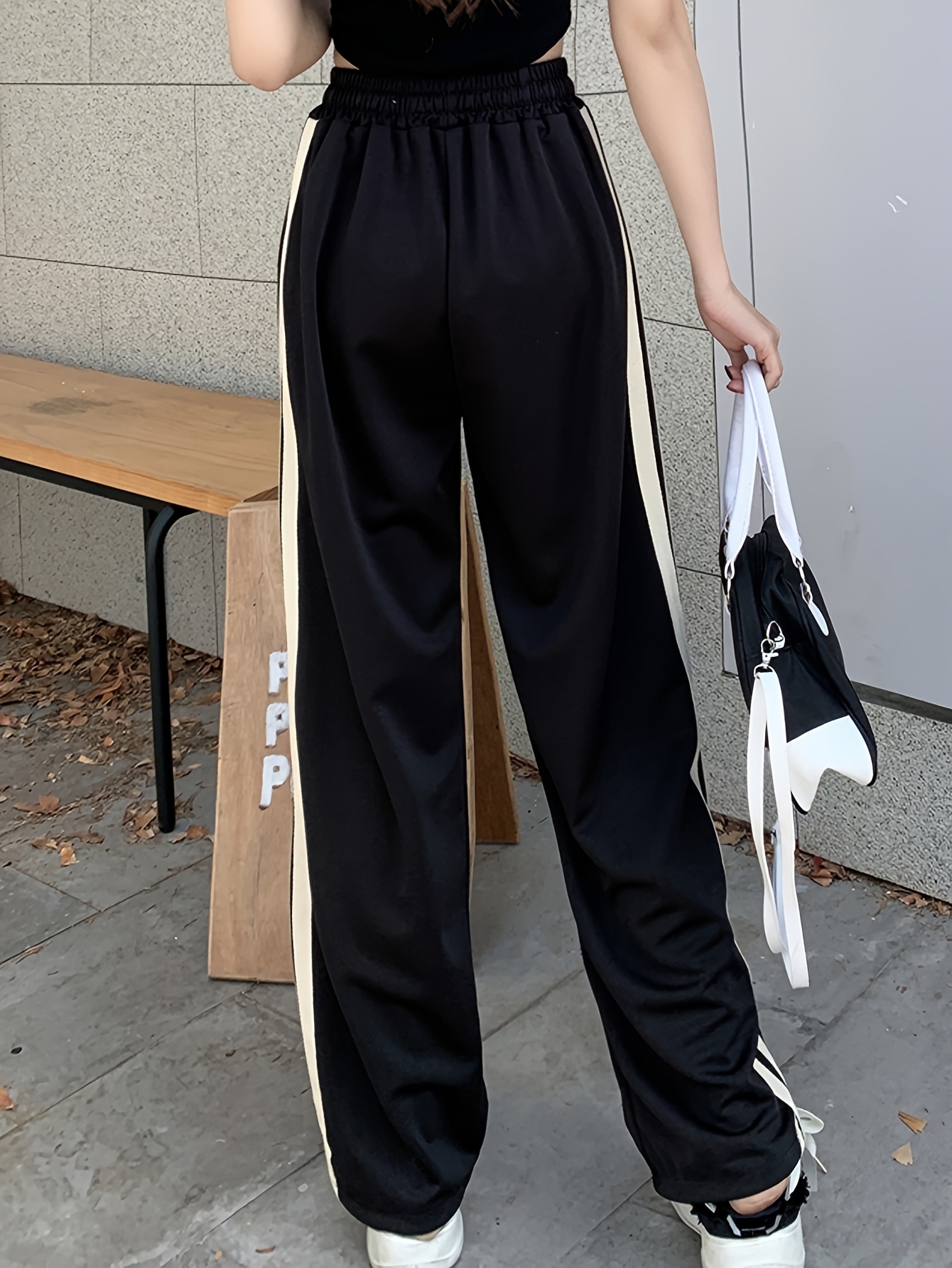 Striped Side Straight Leg Pants, Casual Drawstring Loose Sporty Pants, Women s Clothing details 0