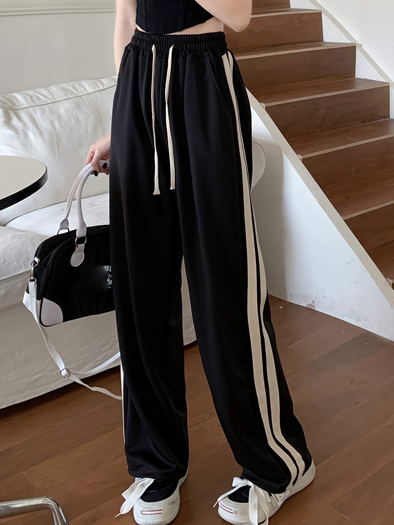 Striped Side Straight Leg Pants, Casual Drawstring Loose Sporty Pants, Women s Clothing details 2