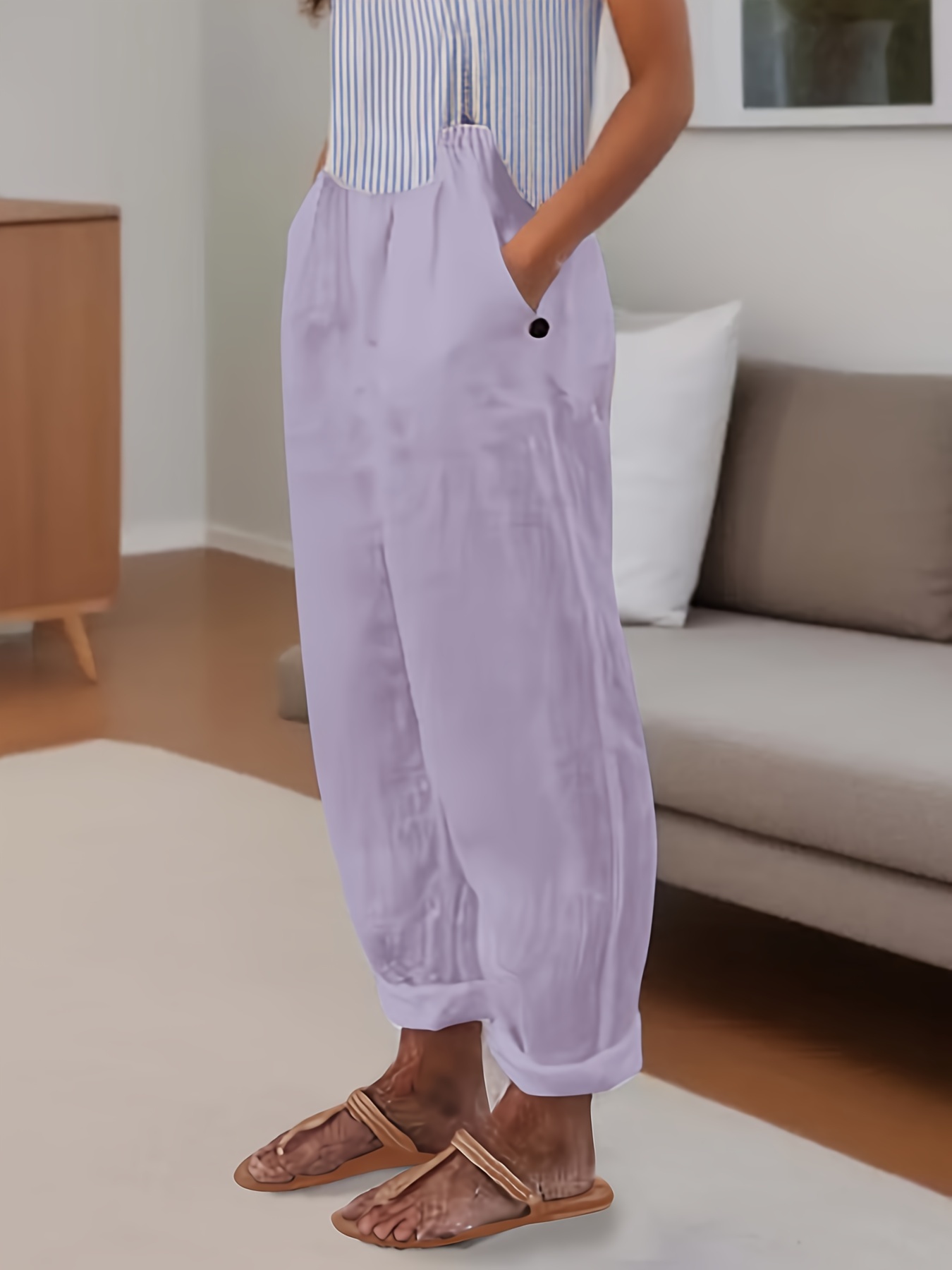 minimalist solid versatile pants casual wide leg elastic waist summer pants womens clothing details 0