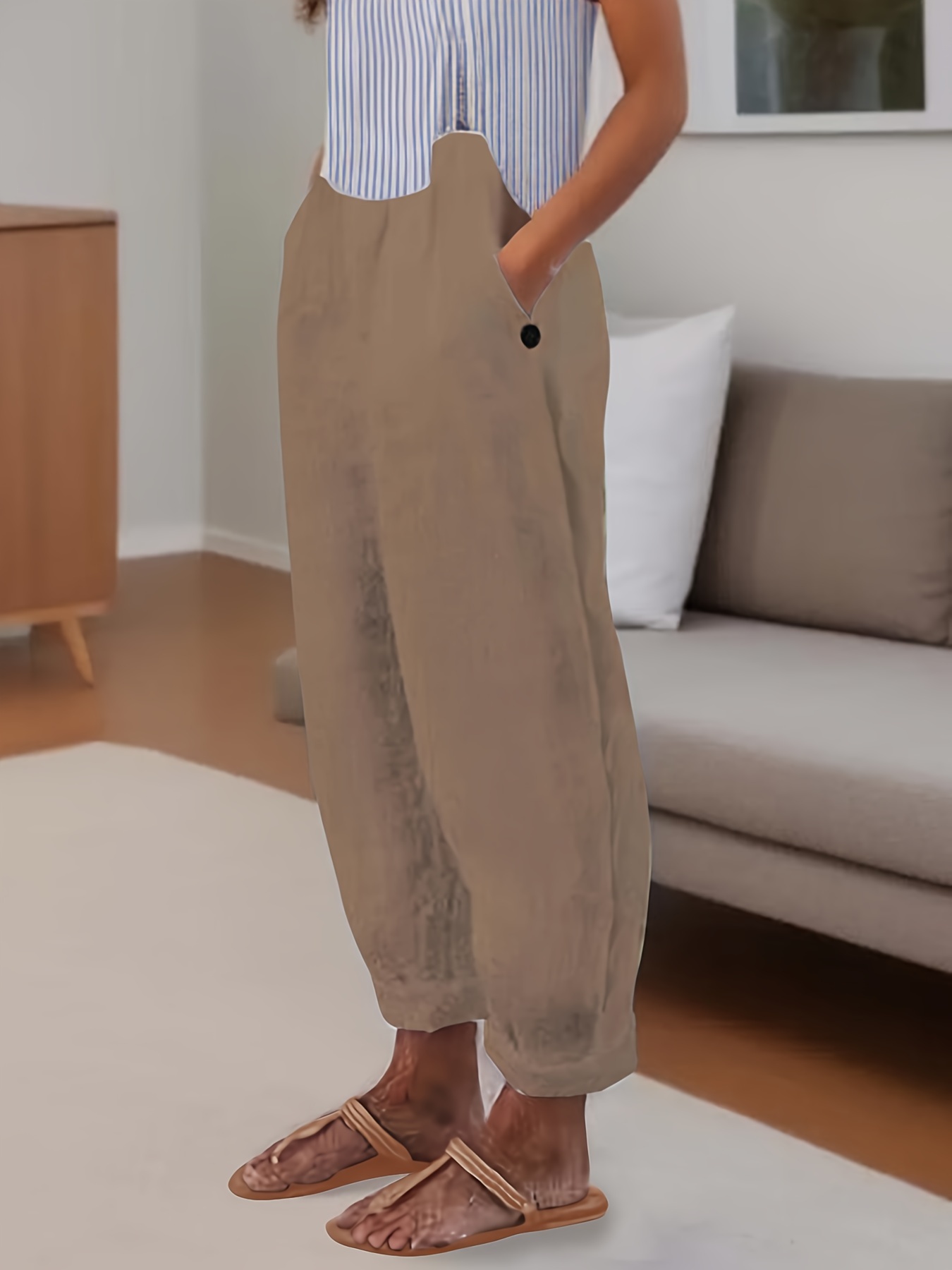 minimalist solid versatile pants casual wide leg elastic waist summer pants womens clothing details 15