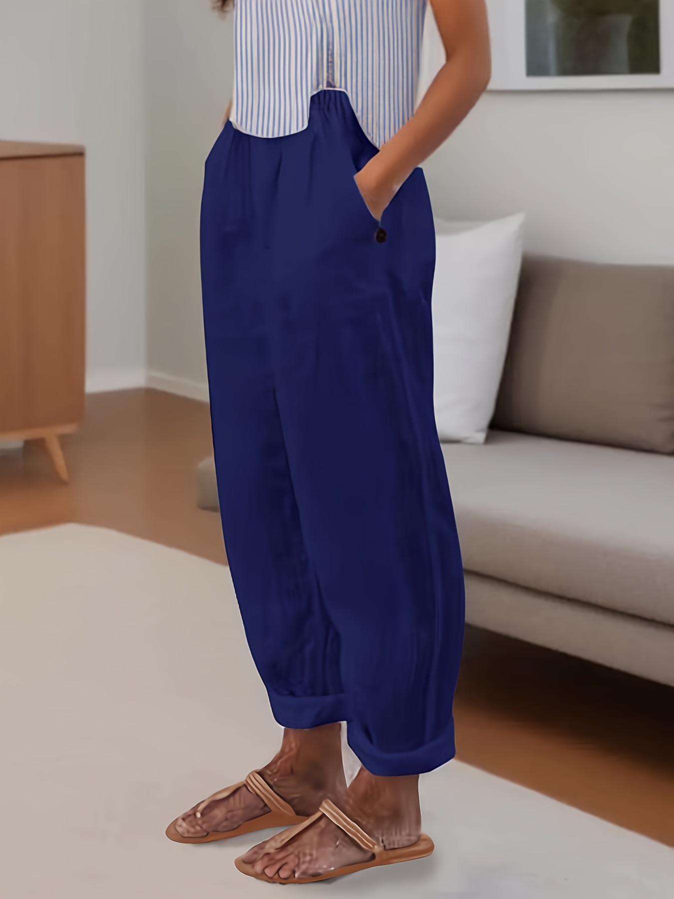 minimalist solid versatile pants casual wide leg elastic waist summer pants womens clothing details 18