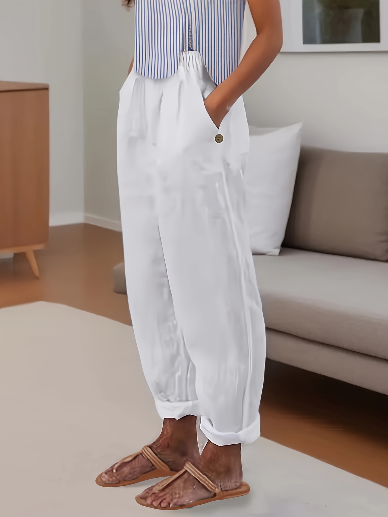 minimalist solid versatile pants casual wide leg elastic waist summer pants womens clothing details 43