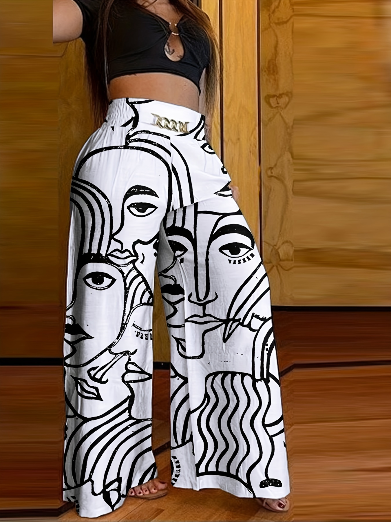 abstract face print pants casual wide leg high waist pants womens clothing details 0