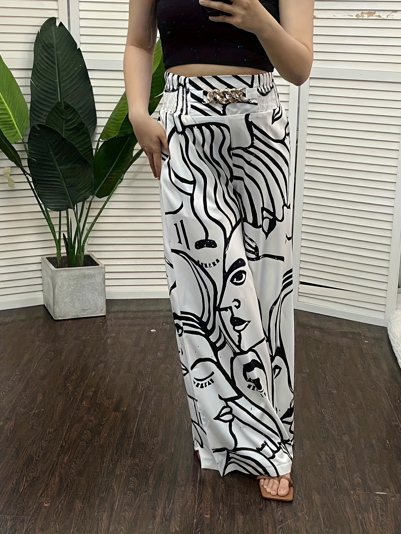 abstract face print pants casual wide leg high waist pants womens clothing details 2