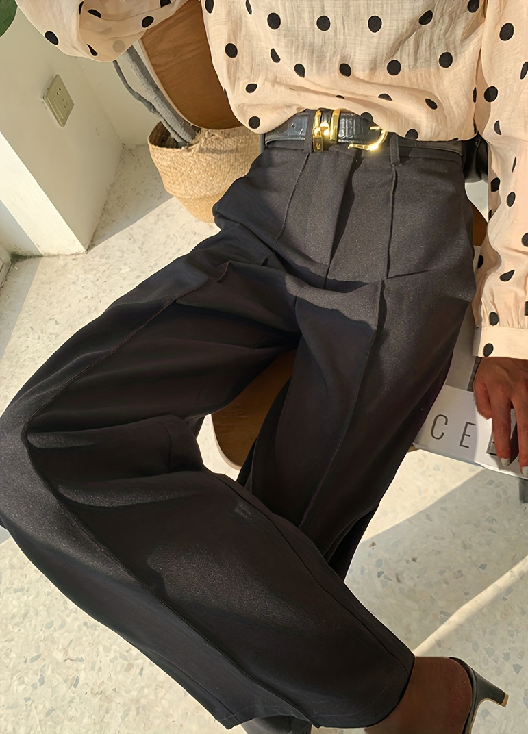 solid high waist pants elegant wide leg slant pockets pants womens clothing details 4