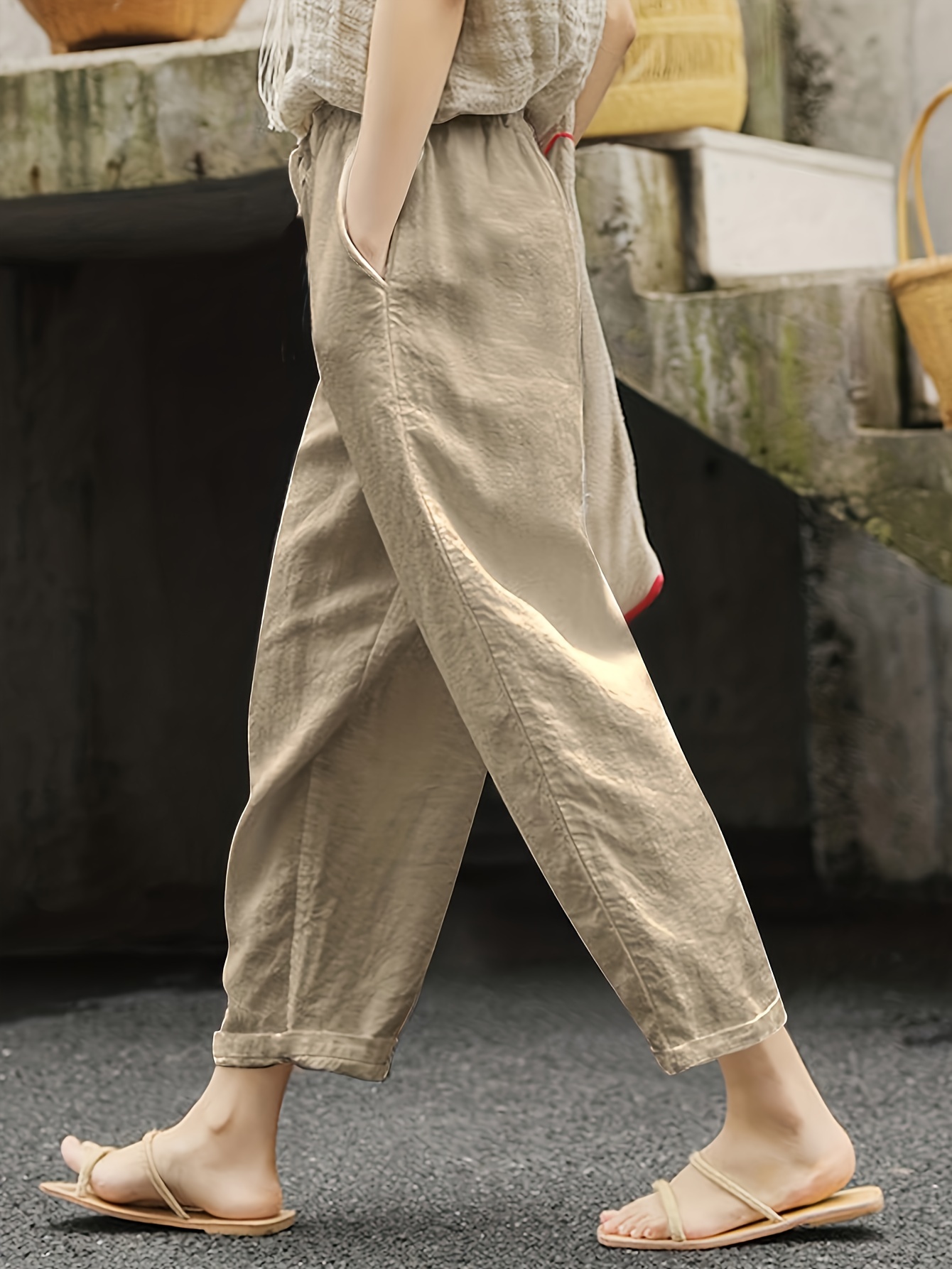 solid slant pockets tie front pants casual loose pants for all season womens clothing details 2