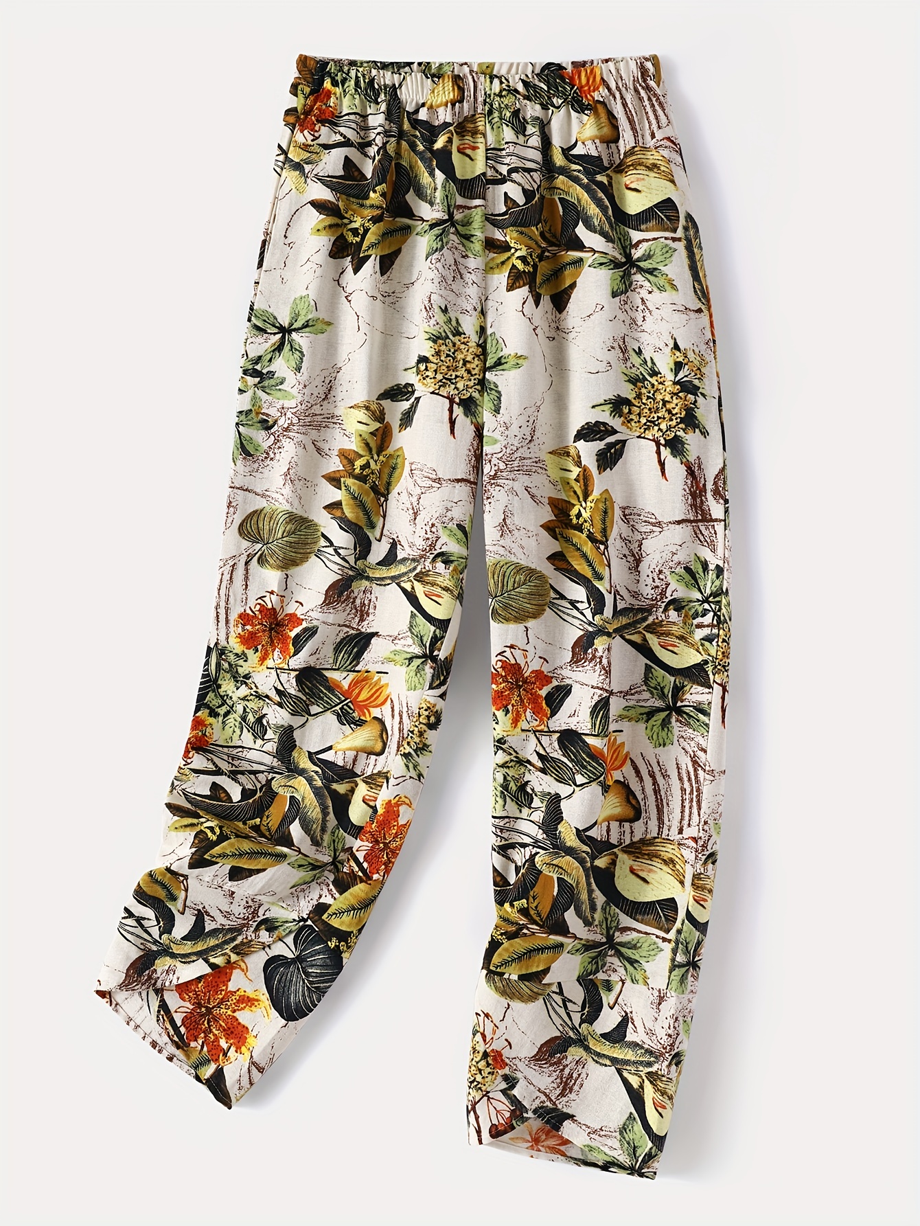 floral print cropped cotton pants boho loose elastic waist pocket pants womens clothing details 0