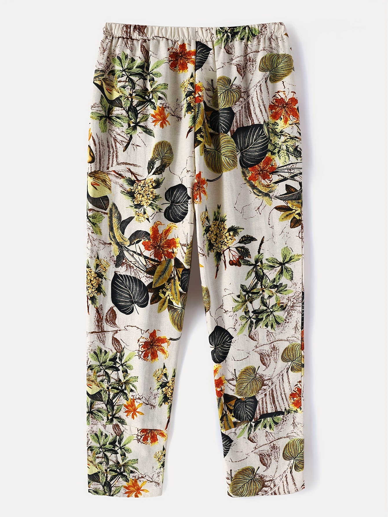 floral print cropped cotton pants boho loose elastic waist pocket pants womens clothing details 1