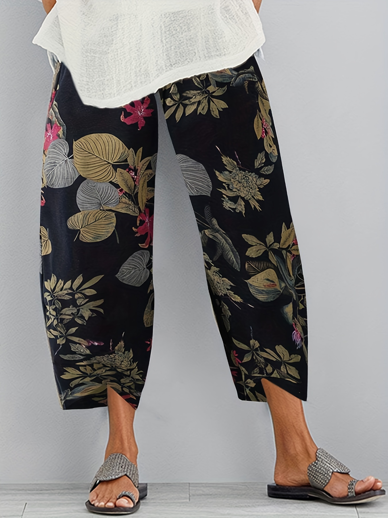 floral print cropped cotton pants boho loose elastic waist pocket pants womens clothing details 8