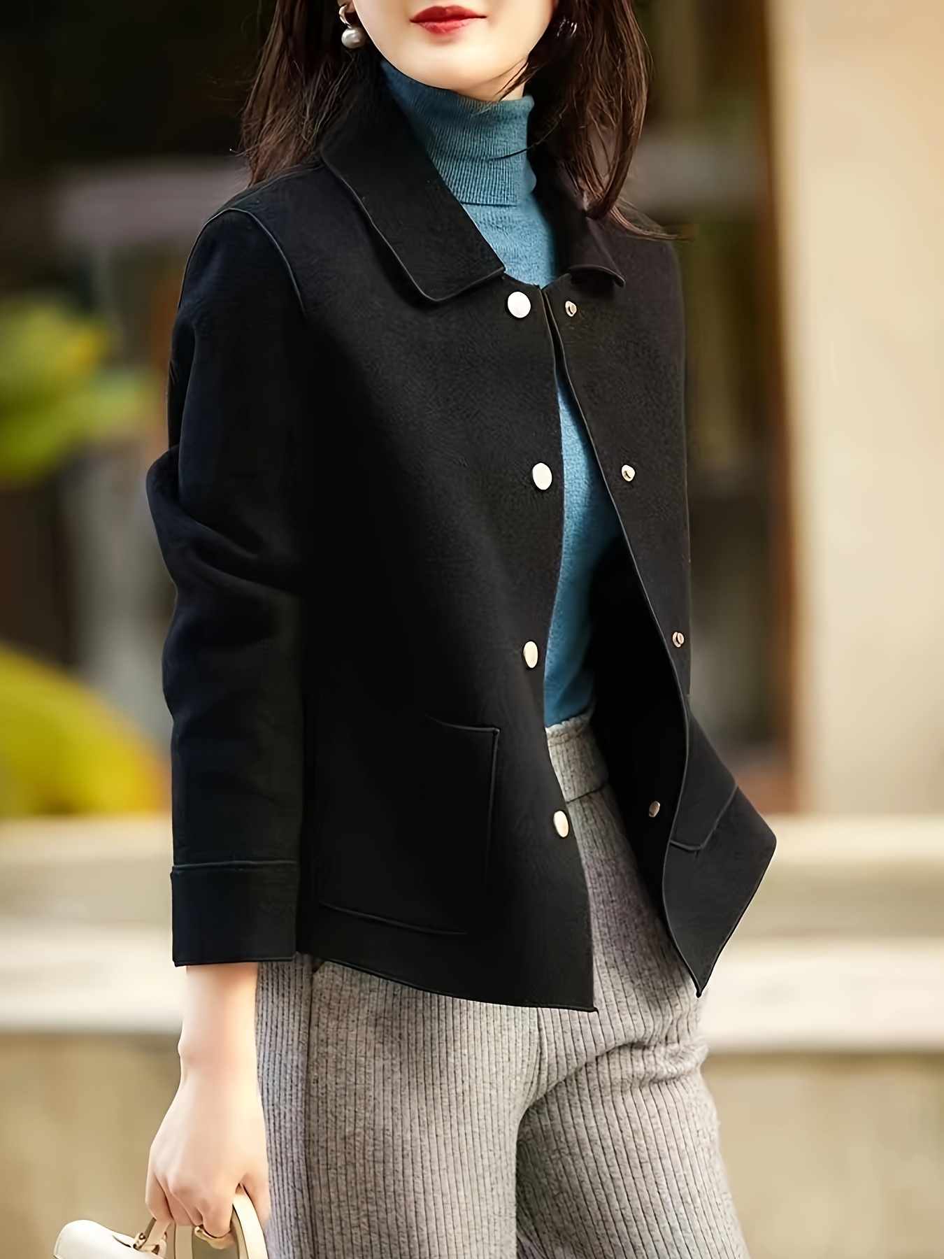 simple button front jacket casual solid long sleeve outerwear with pockets womens clothing details 4