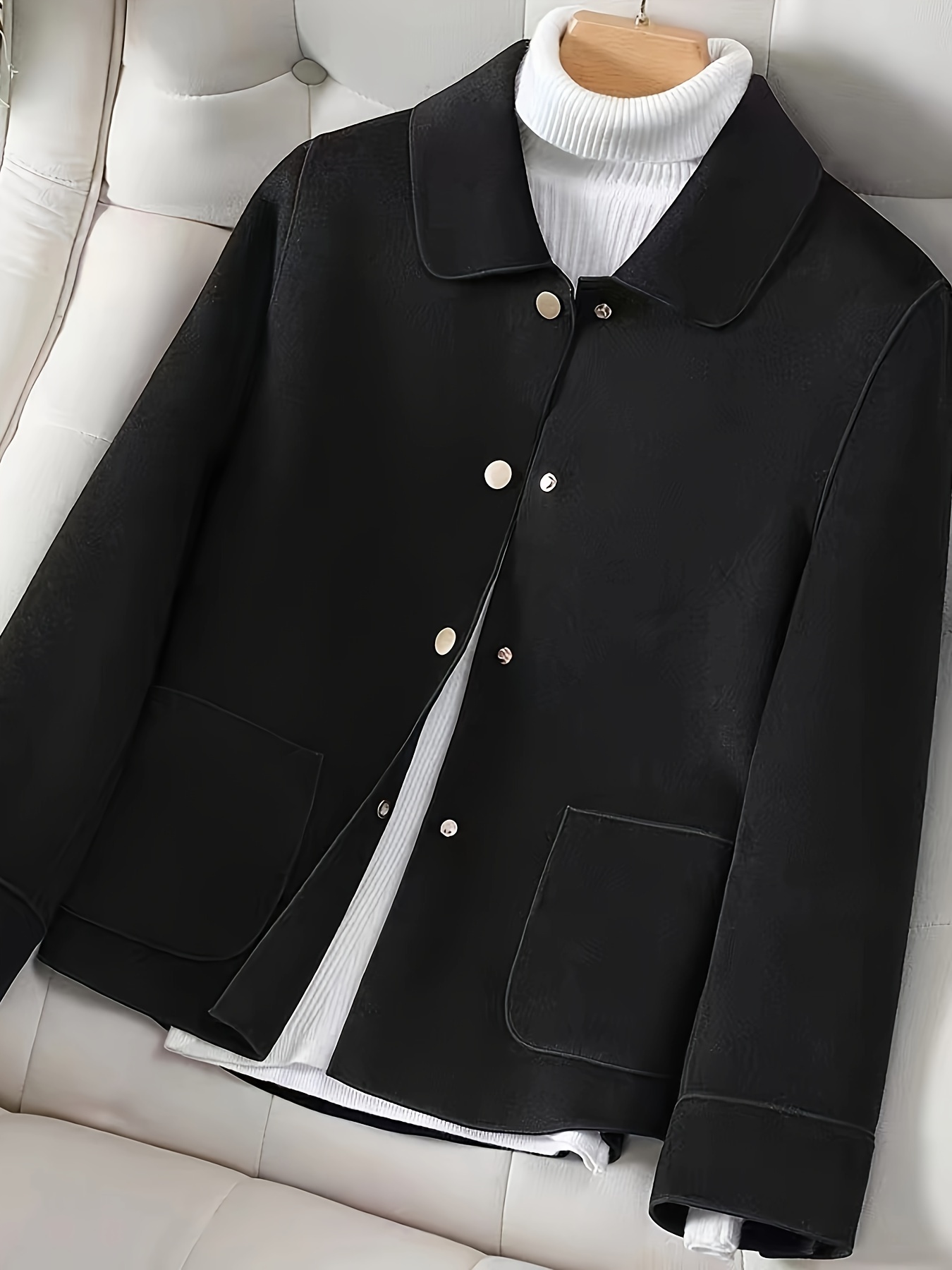 simple button front jacket casual solid long sleeve outerwear with pockets womens clothing details 7