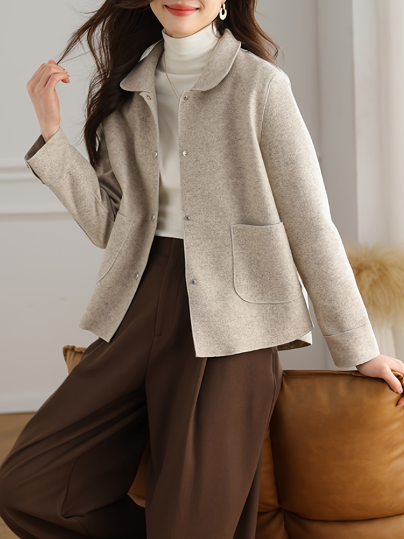 simple button front jacket casual solid long sleeve outerwear with pockets womens clothing details 11