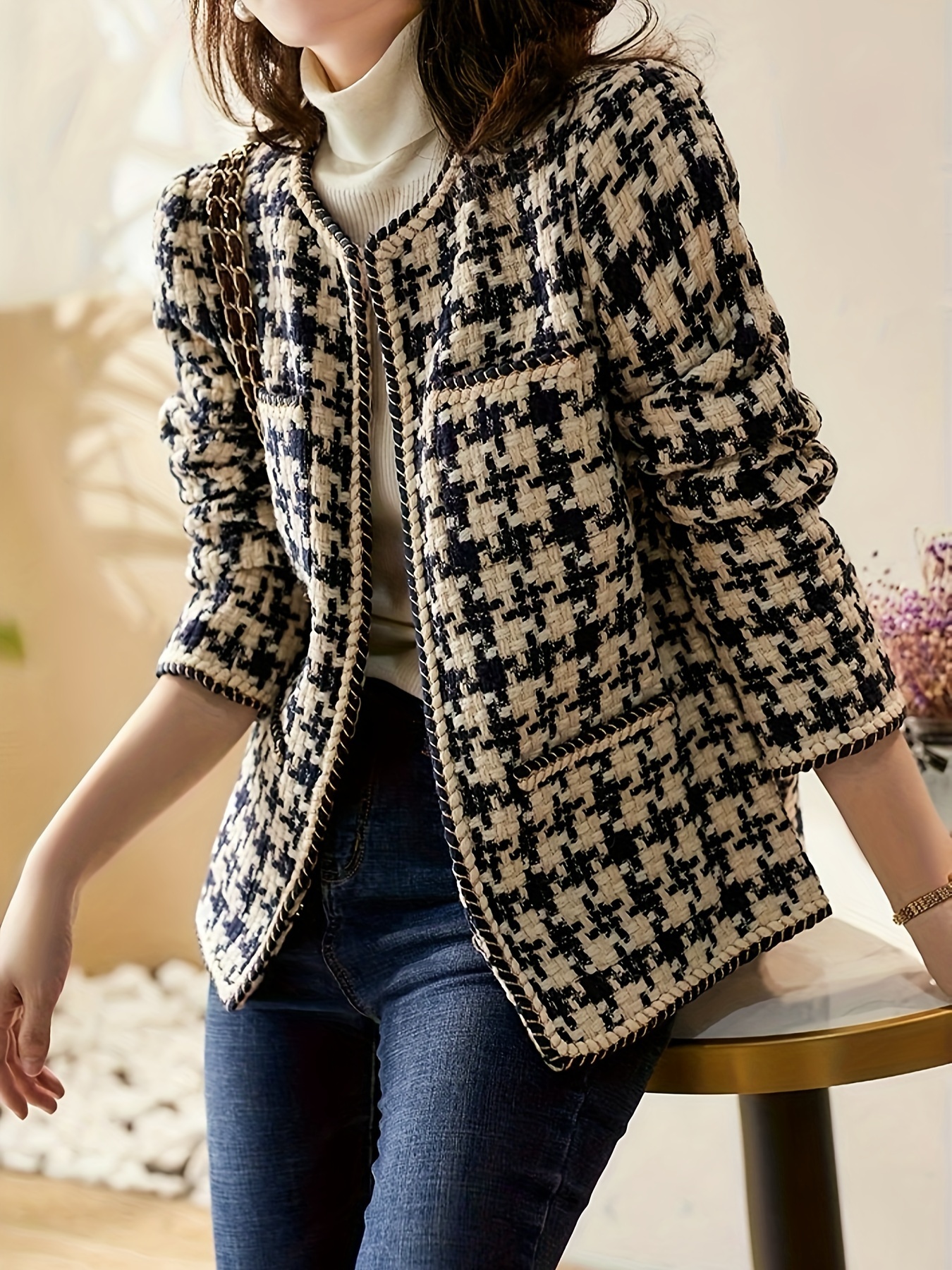 Plaid Open Front Jacket, Loose Crew Neck Pocket Long Sleeve Jacket For Spring, Women s Clothing details 0