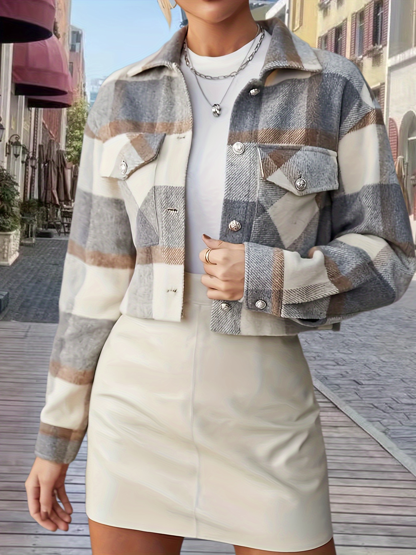 plaid pattern fall winter jacket casual button front long sleeve outerwear womens clothing details 4