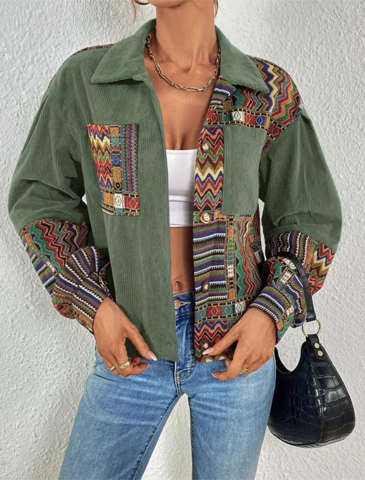 patchwork print patched pockets jacket ethnic color block button front jacket womens clothing details 1