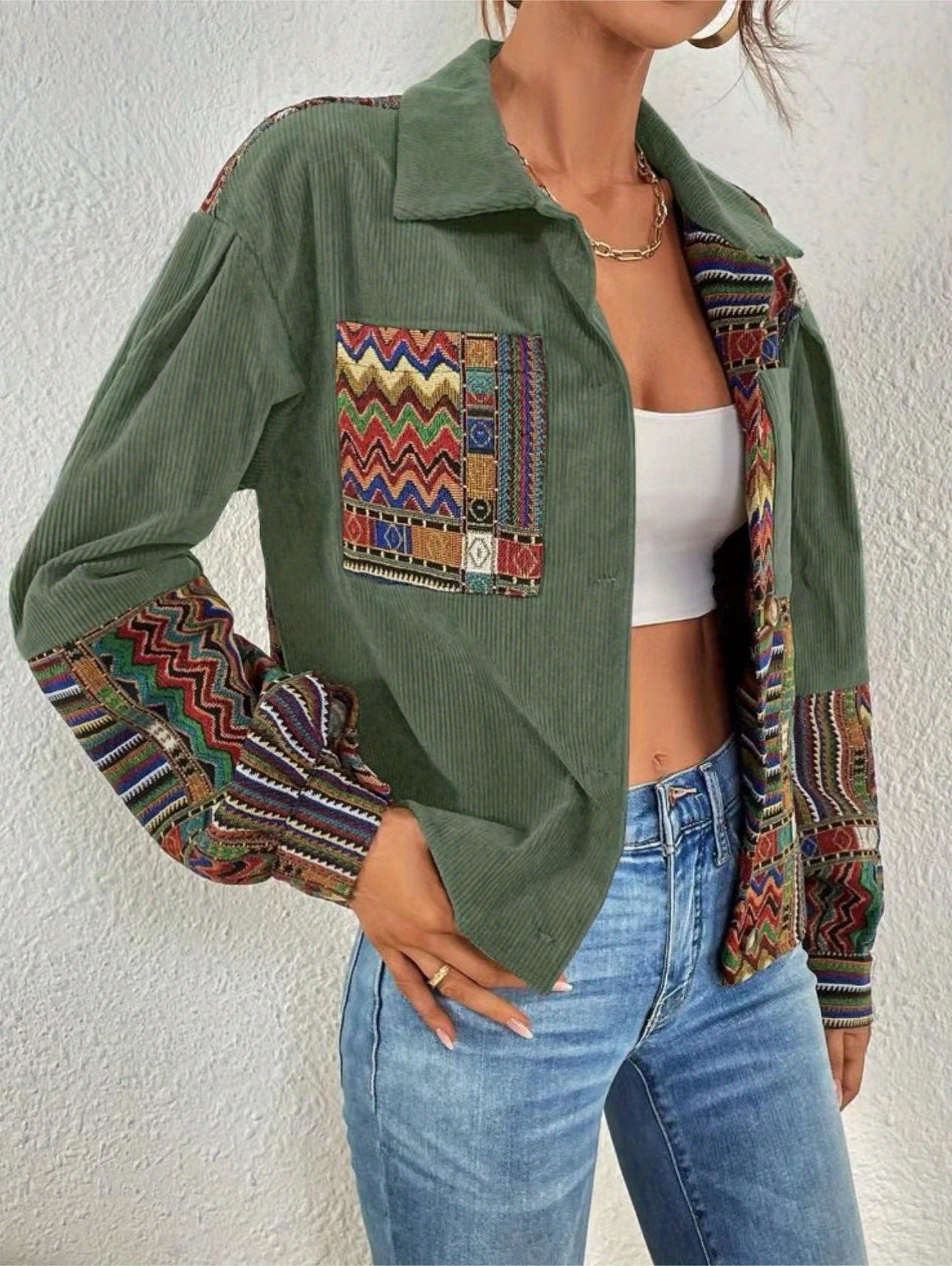 patchwork print patched pockets jacket ethnic color block button front jacket womens clothing details 4