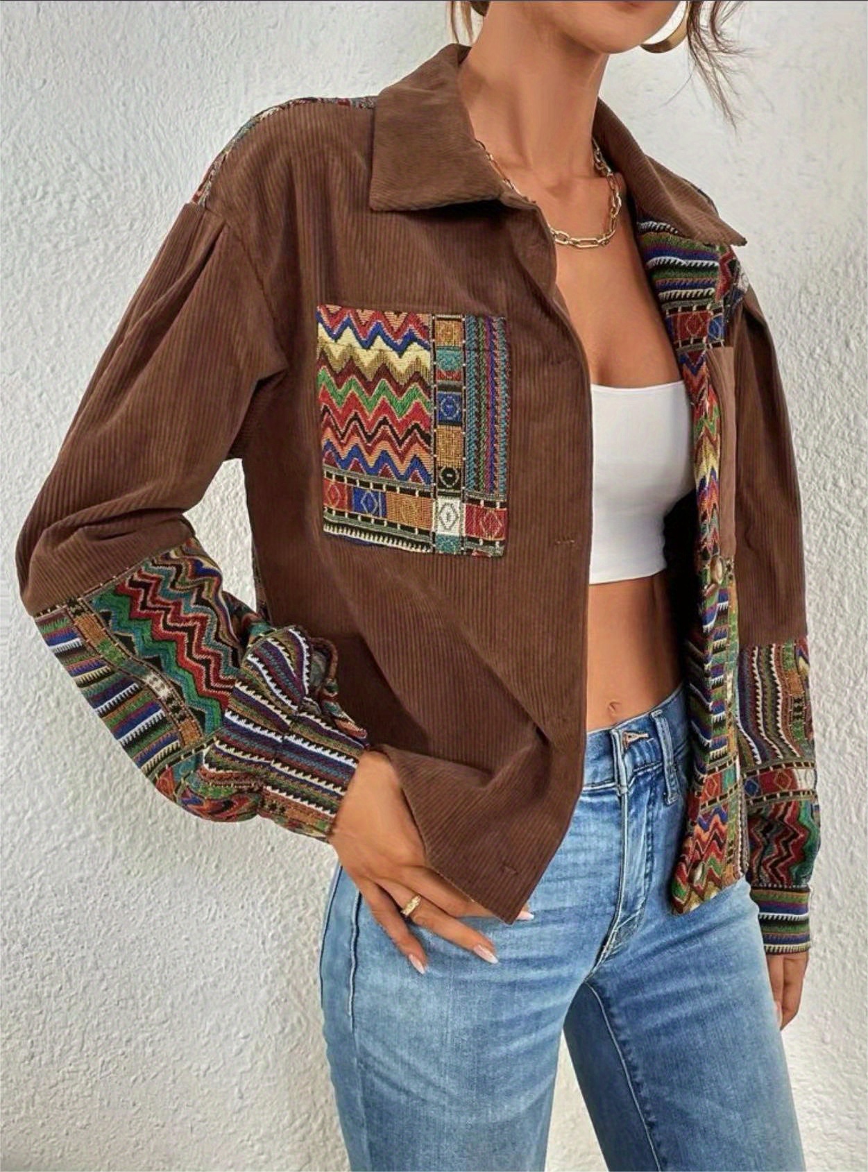 patchwork print patched pockets jacket ethnic color block button front jacket womens clothing details 8