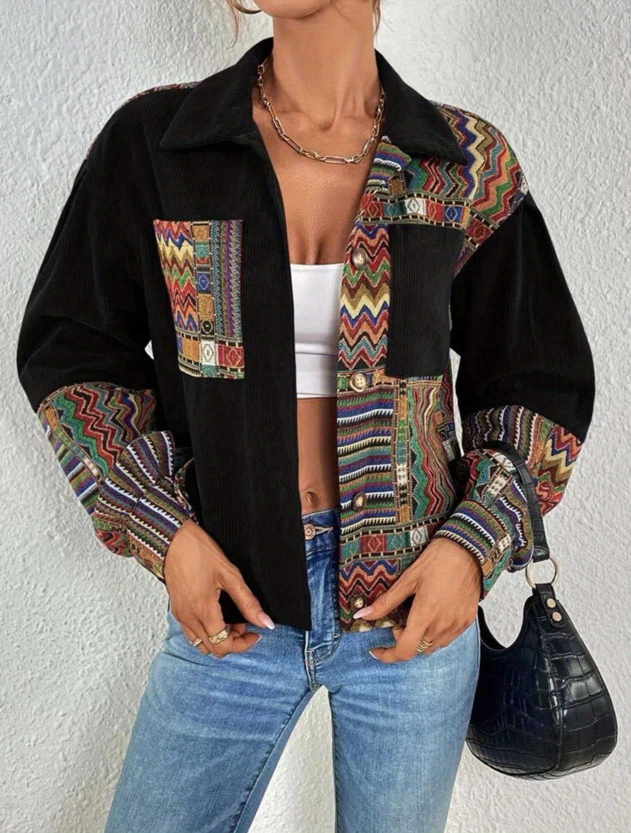 patchwork print patched pockets jacket ethnic color block button front jacket womens clothing details 10