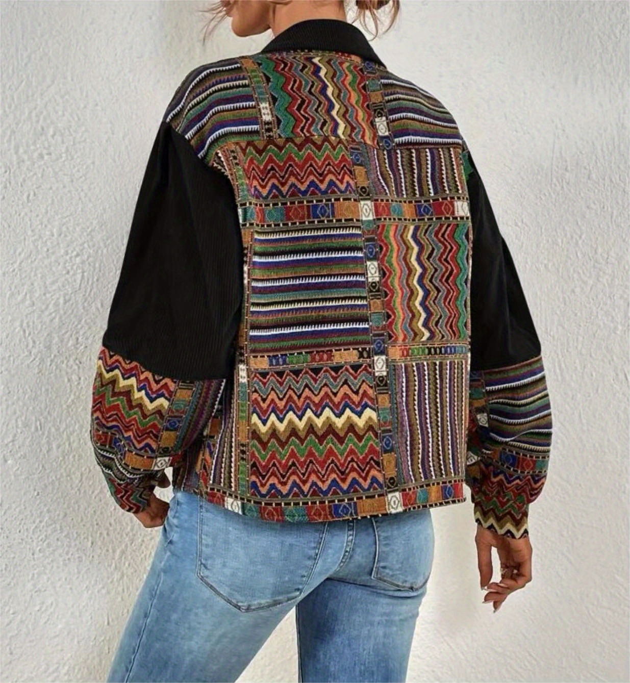 patchwork print patched pockets jacket ethnic color block button front jacket womens clothing details 11