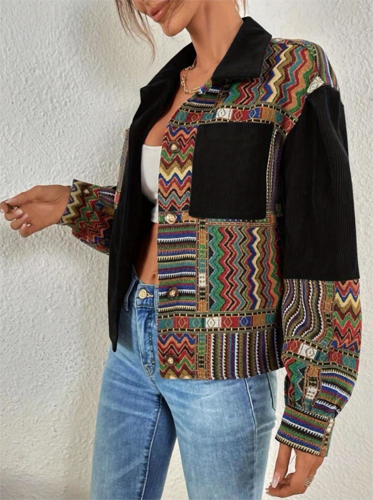 patchwork print patched pockets jacket ethnic color block button front jacket womens clothing details 12