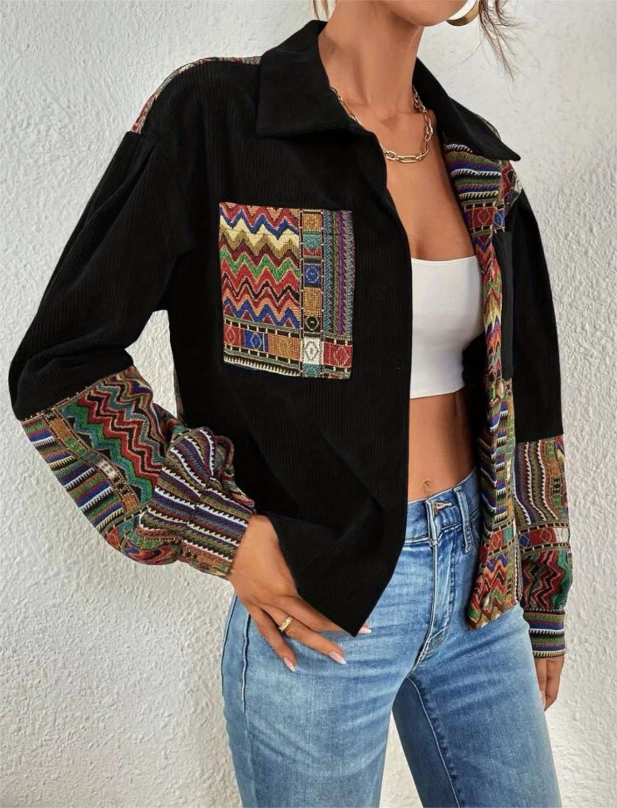 patchwork print patched pockets jacket ethnic color block button front jacket womens clothing details 13