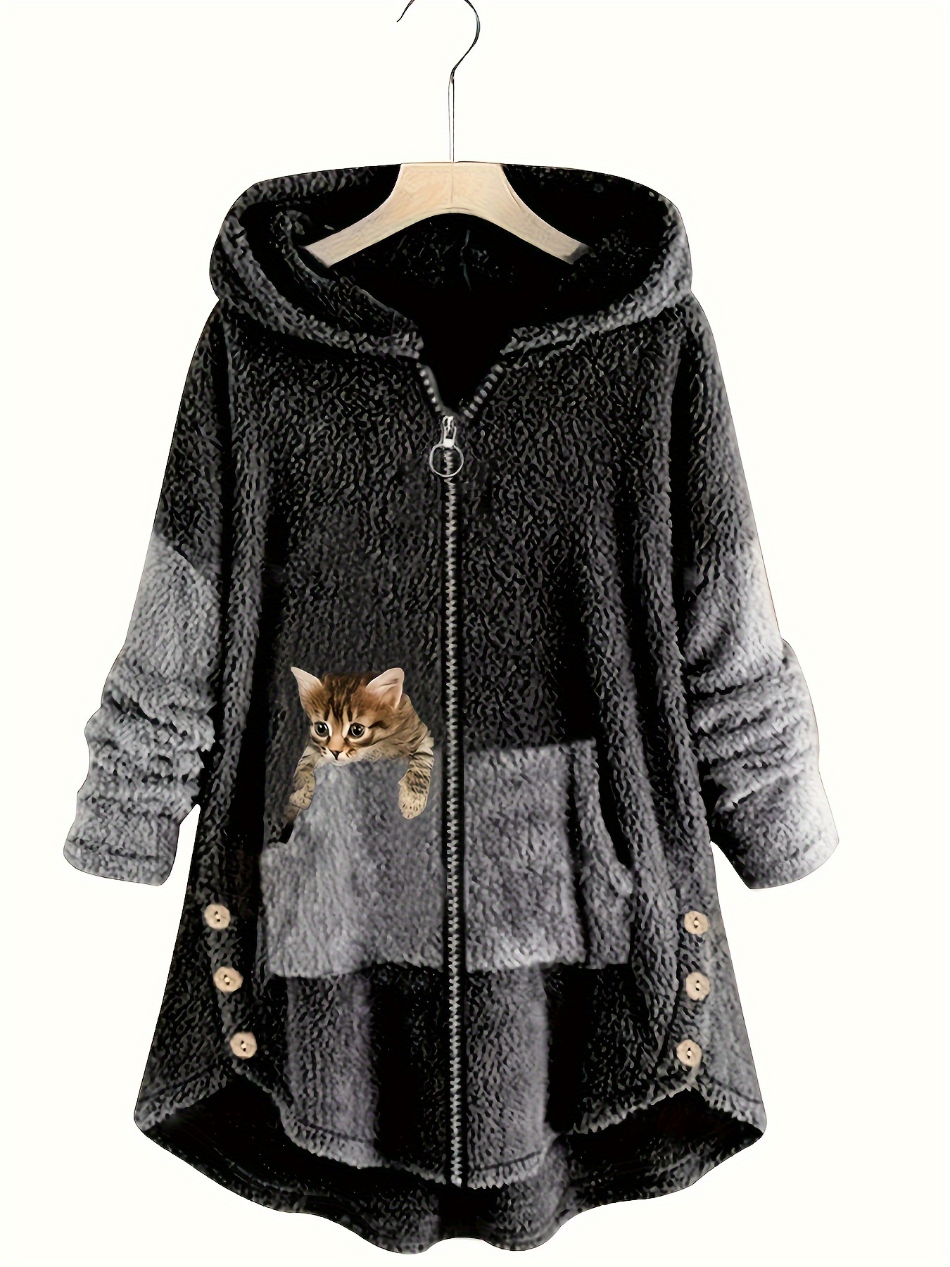 cat print zipper hooded coat color block long sleeve coat womens clothing details 0