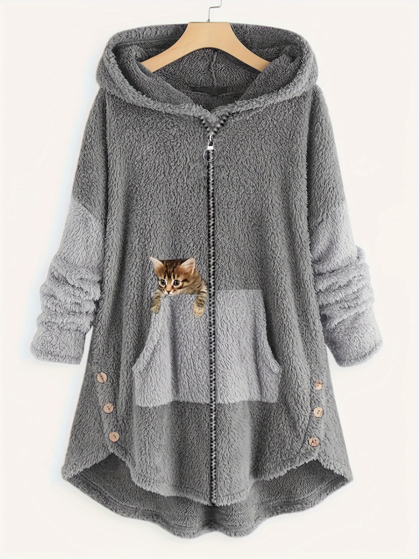 cat print zipper hooded coat color block long sleeve coat womens clothing details 3