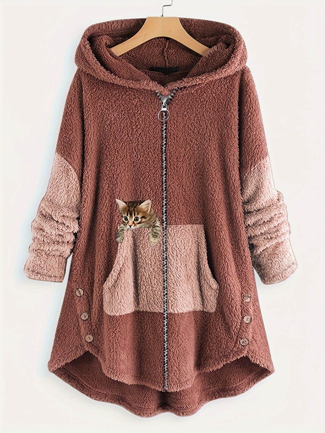 cat print zipper hooded coat color block long sleeve coat womens clothing details 6