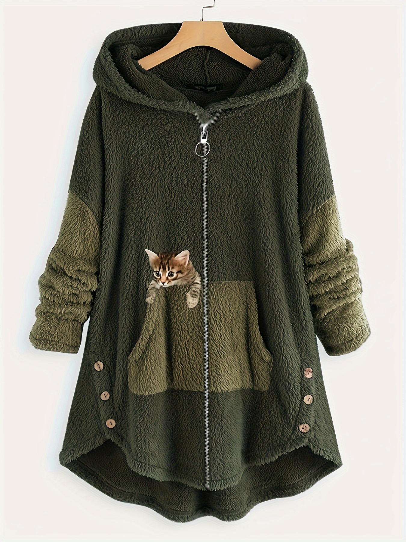 cat print zipper hooded coat color block long sleeve coat womens clothing details 10