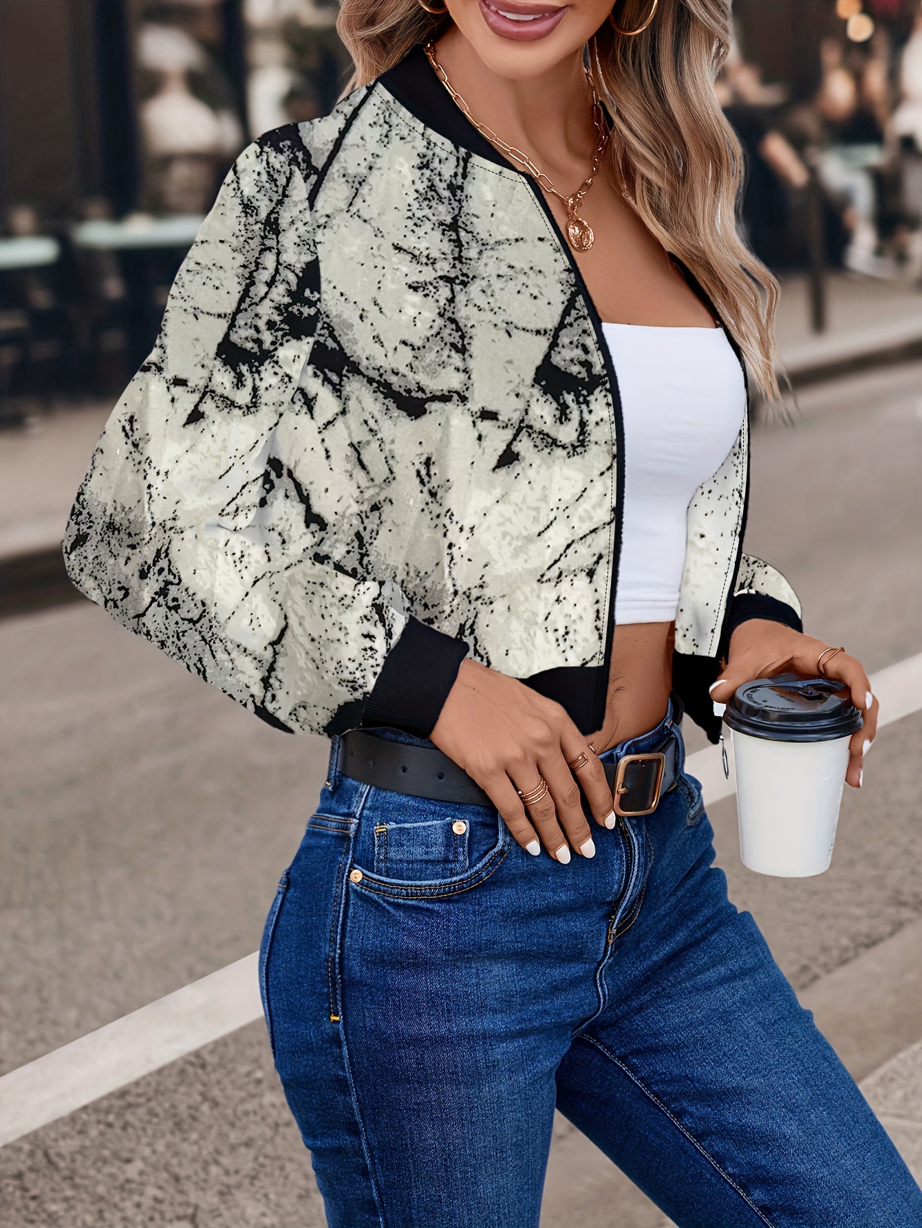 abstract print bomber jacket casual zip up long sleeve outerwear womens clothing details 0