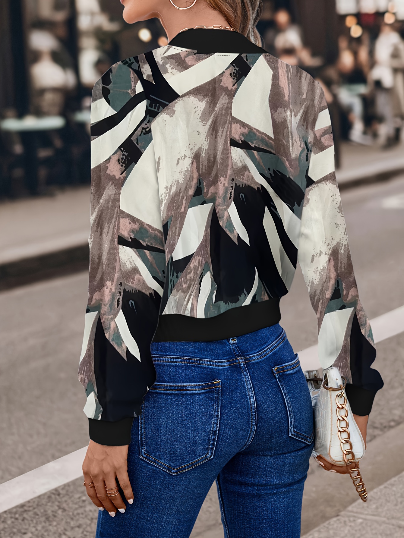 abstract print bomber jacket casual zip up long sleeve outerwear womens clothing details 6