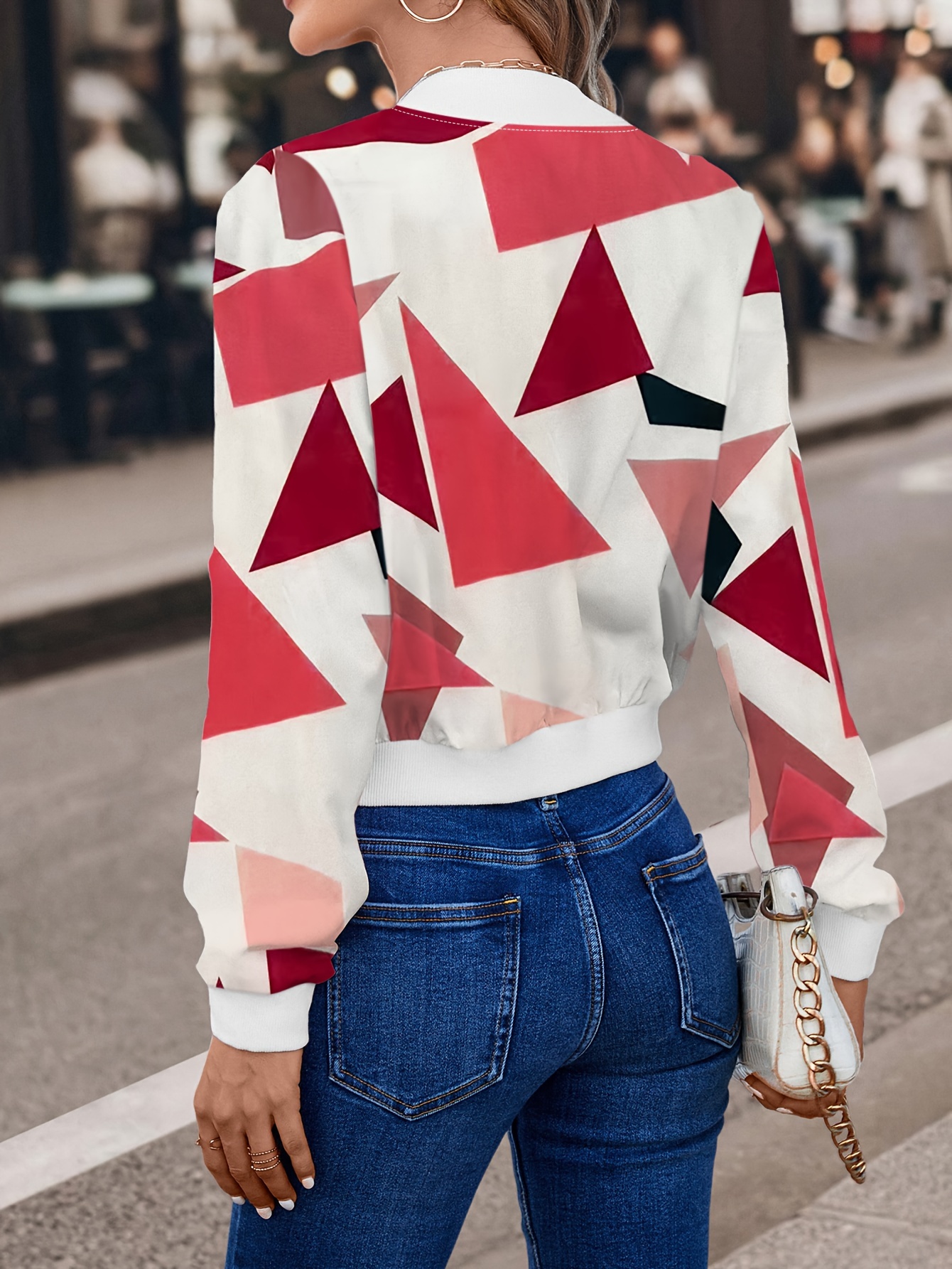 abstract print bomber jacket casual zip up long sleeve outerwear womens clothing details 16