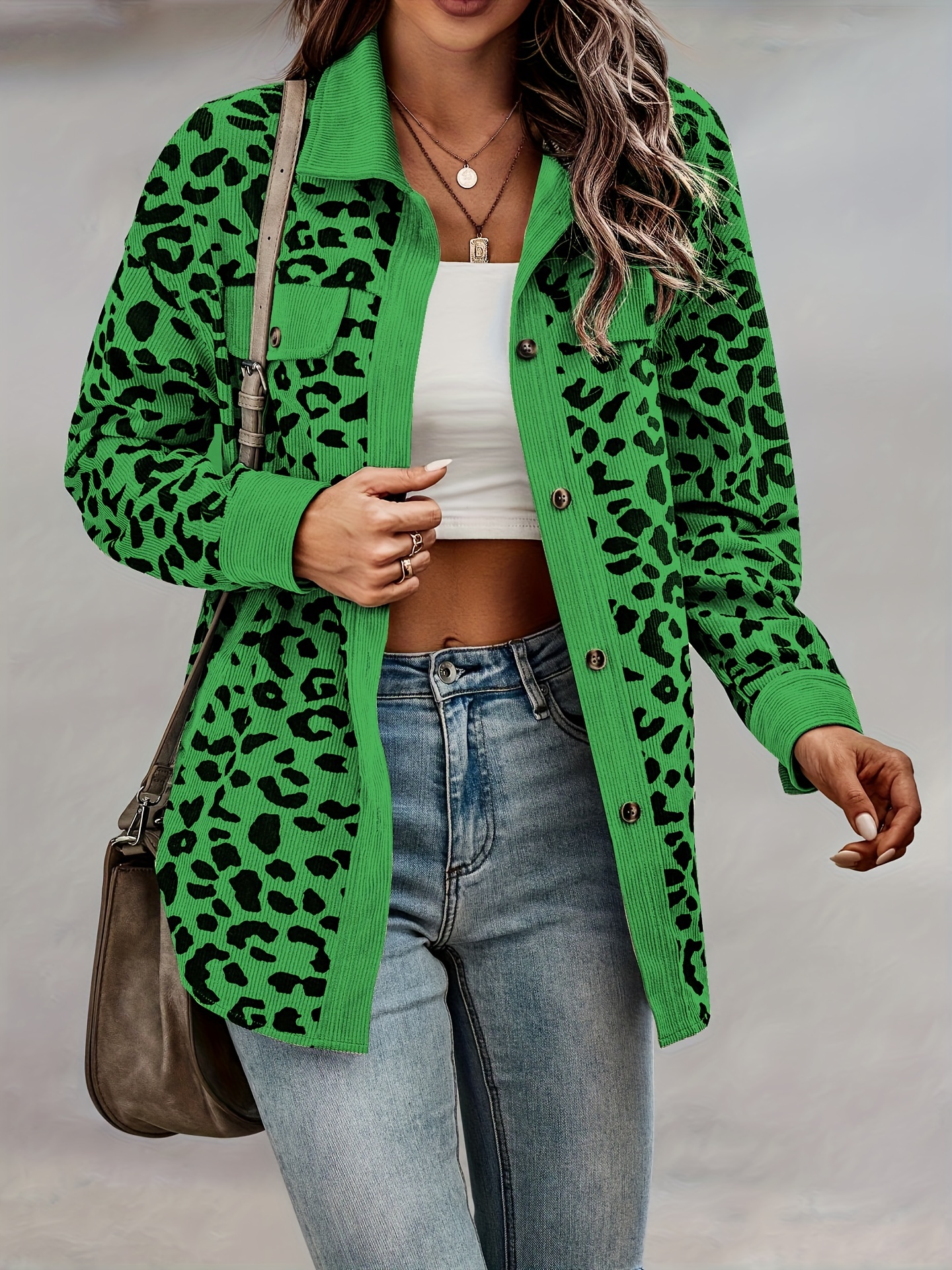 leopard print shacket jacket casual button front turn down collar long sleeve outerwear womens clothing details 0