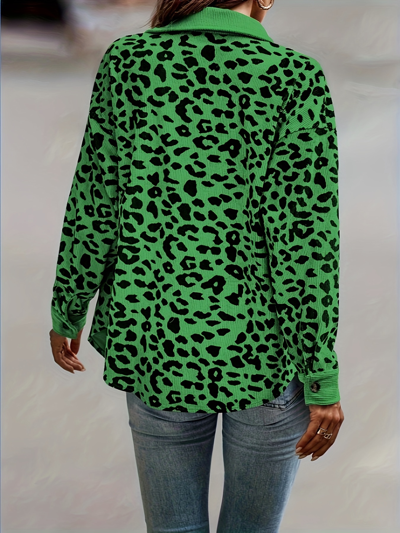 leopard print shacket jacket casual button front turn down collar long sleeve outerwear womens clothing details 1