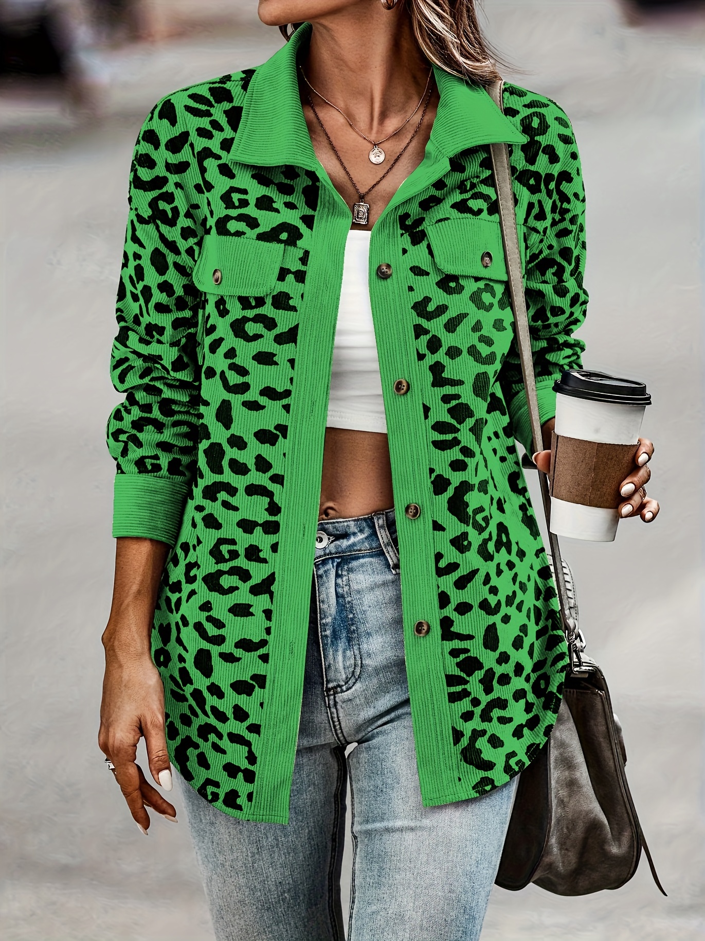 leopard print shacket jacket casual button front turn down collar long sleeve outerwear womens clothing details 2