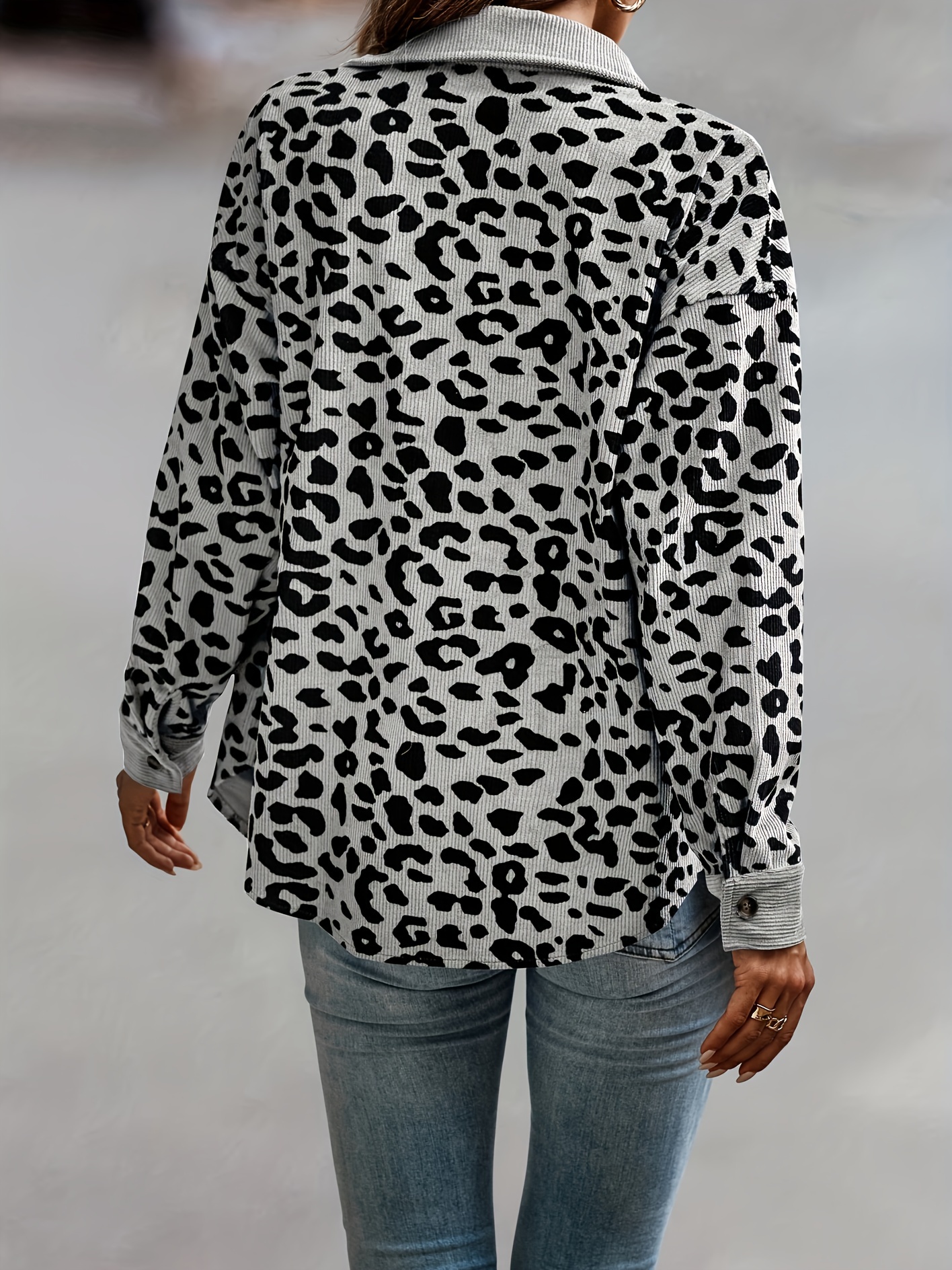 leopard print shacket jacket casual button front turn down collar long sleeve outerwear womens clothing details 4