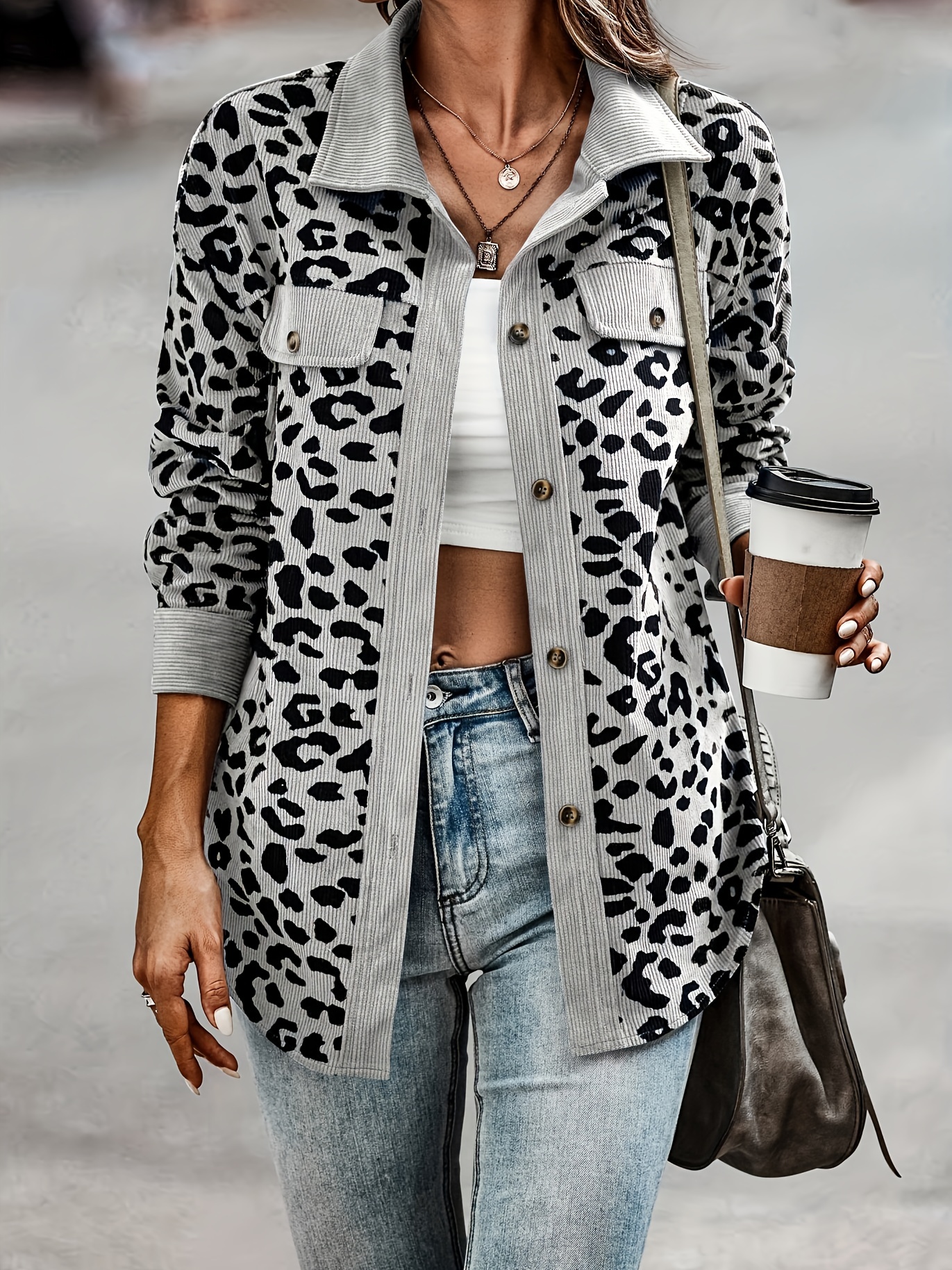 leopard print shacket jacket casual button front turn down collar long sleeve outerwear womens clothing details 5