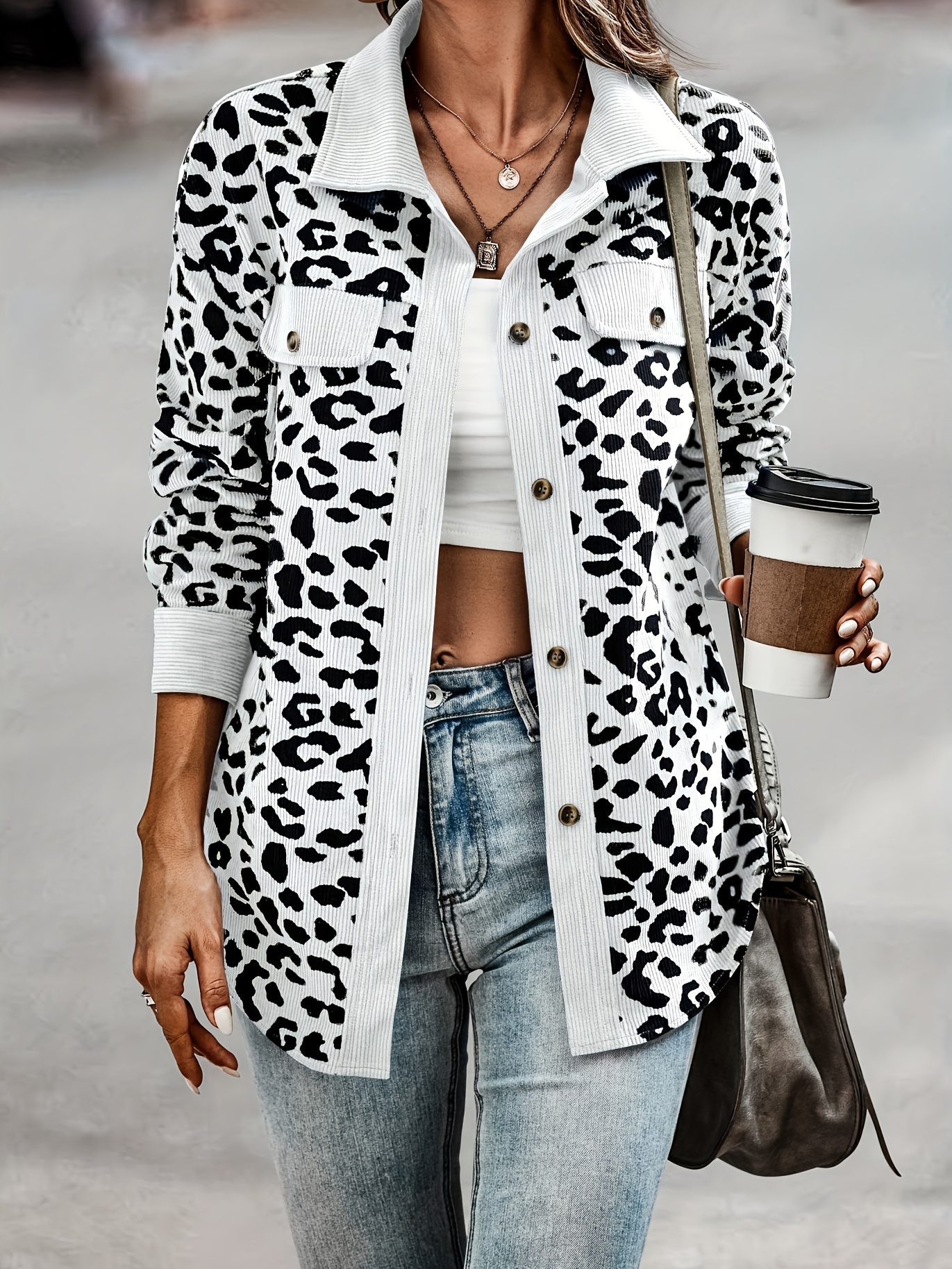 leopard print shacket jacket casual button front turn down collar long sleeve outerwear womens clothing details 8