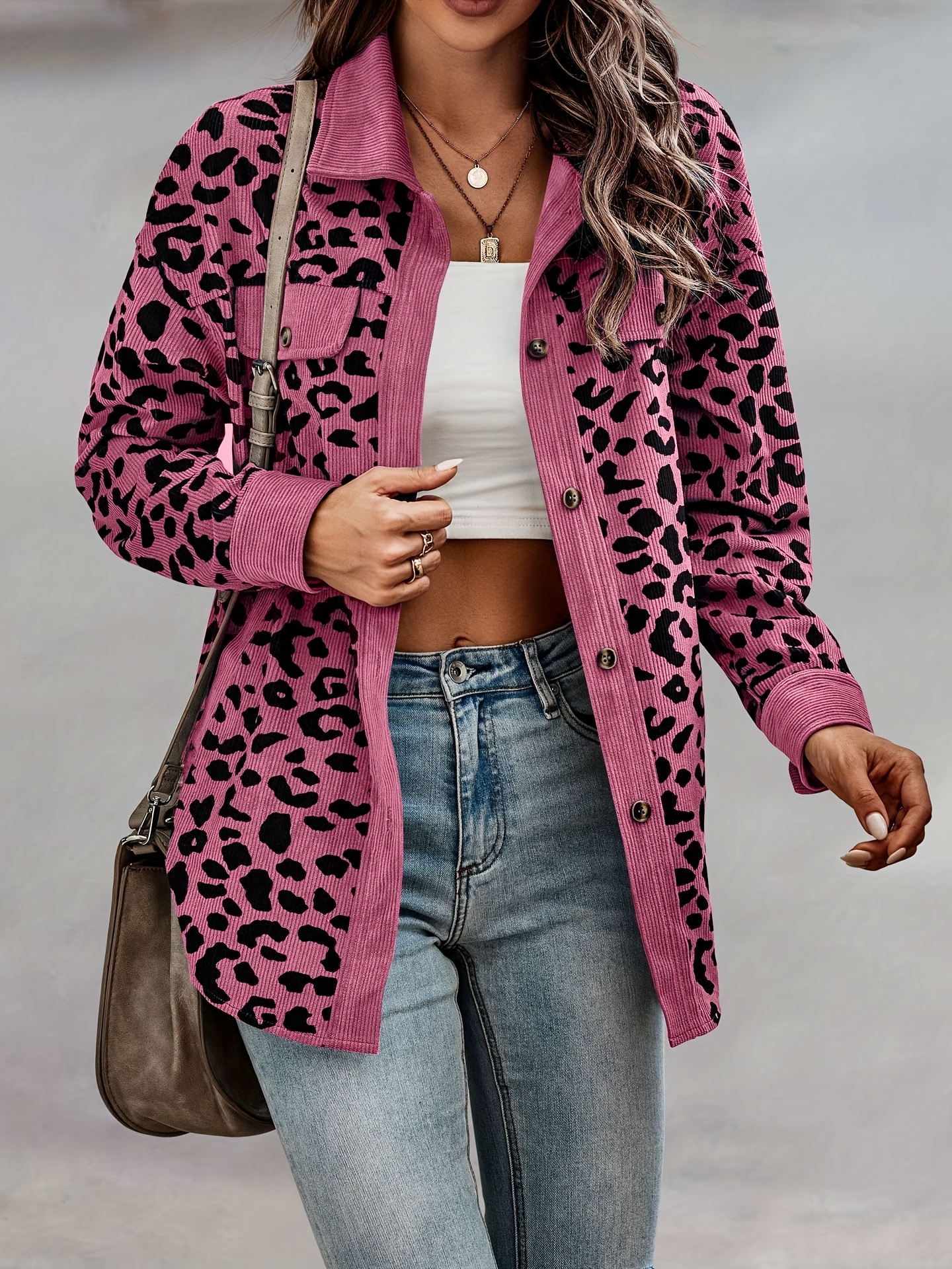 leopard print shacket jacket casual button front turn down collar long sleeve outerwear womens clothing details 9