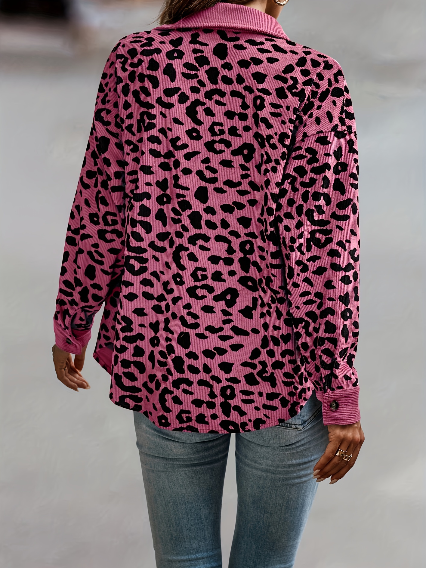 leopard print shacket jacket casual button front turn down collar long sleeve outerwear womens clothing details 10