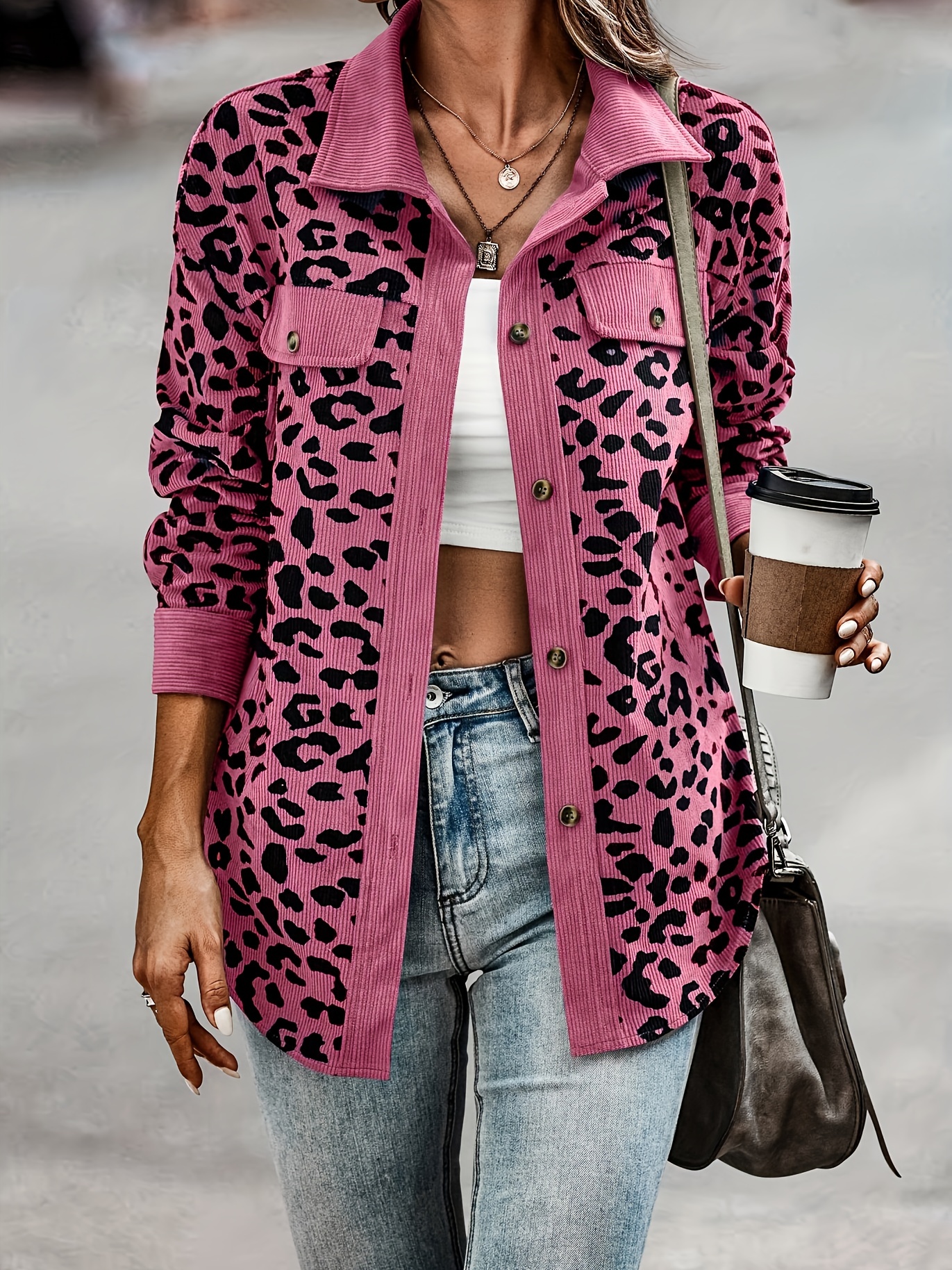 leopard print shacket jacket casual button front turn down collar long sleeve outerwear womens clothing details 11