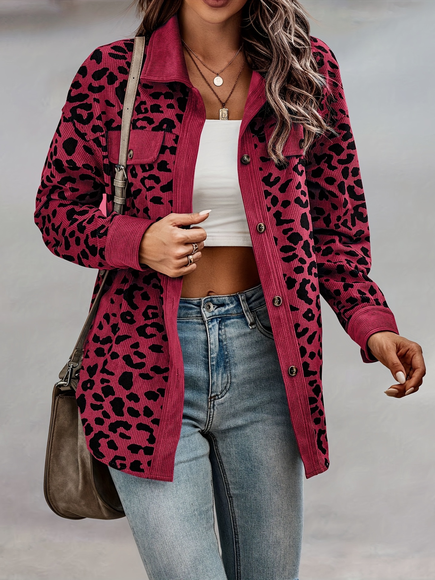 leopard print shacket jacket casual button front turn down collar long sleeve outerwear womens clothing details 12