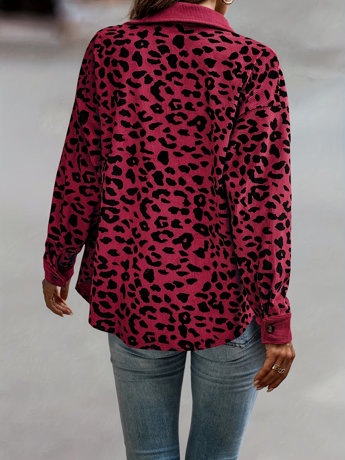 leopard print shacket jacket casual button front turn down collar long sleeve outerwear womens clothing details 13