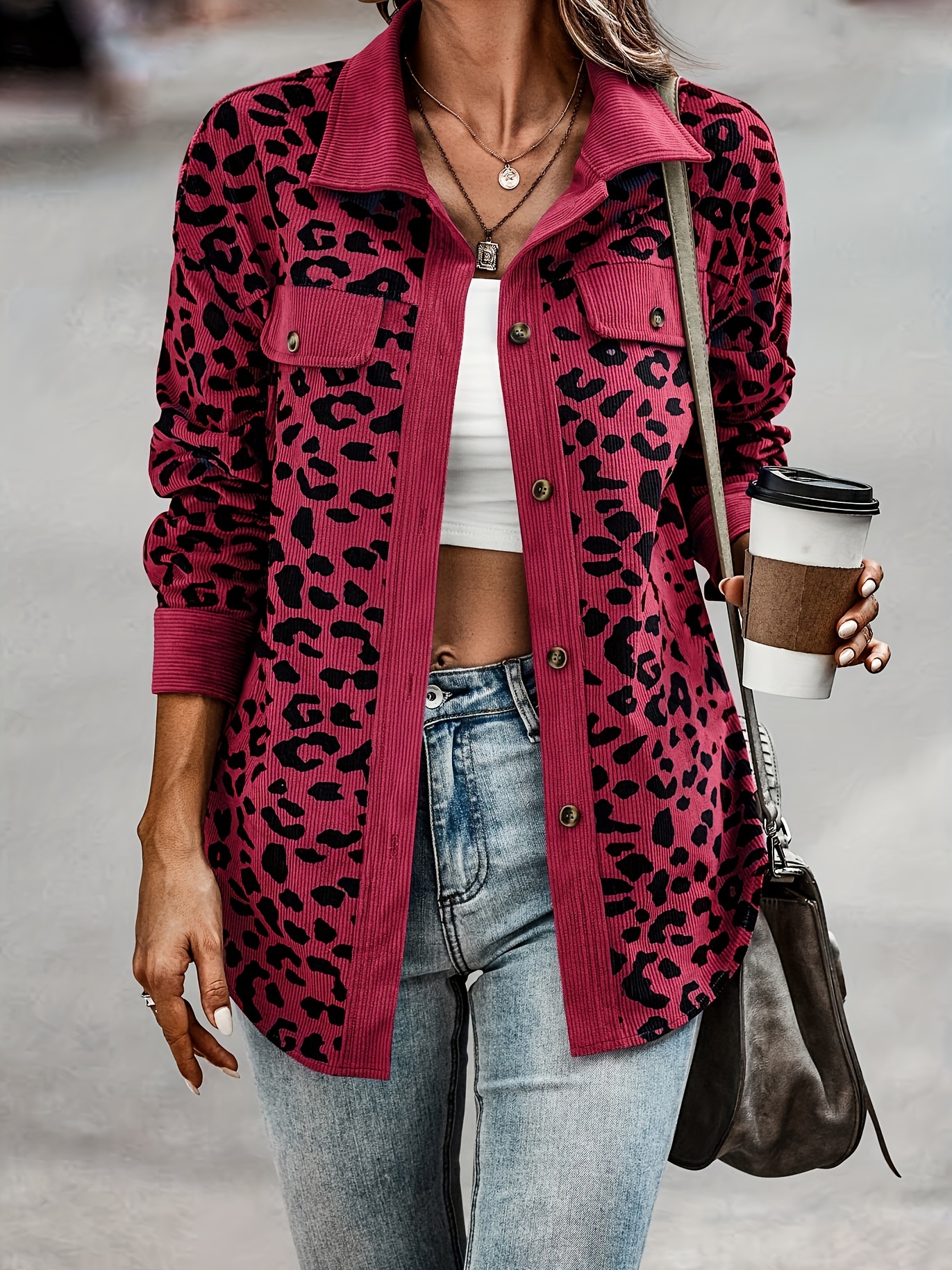 leopard print shacket jacket casual button front turn down collar long sleeve outerwear womens clothing details 14