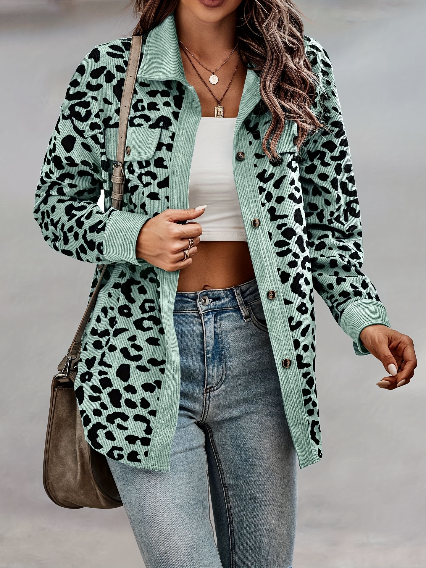 leopard print shacket jacket casual button front turn down collar long sleeve outerwear womens clothing details 15