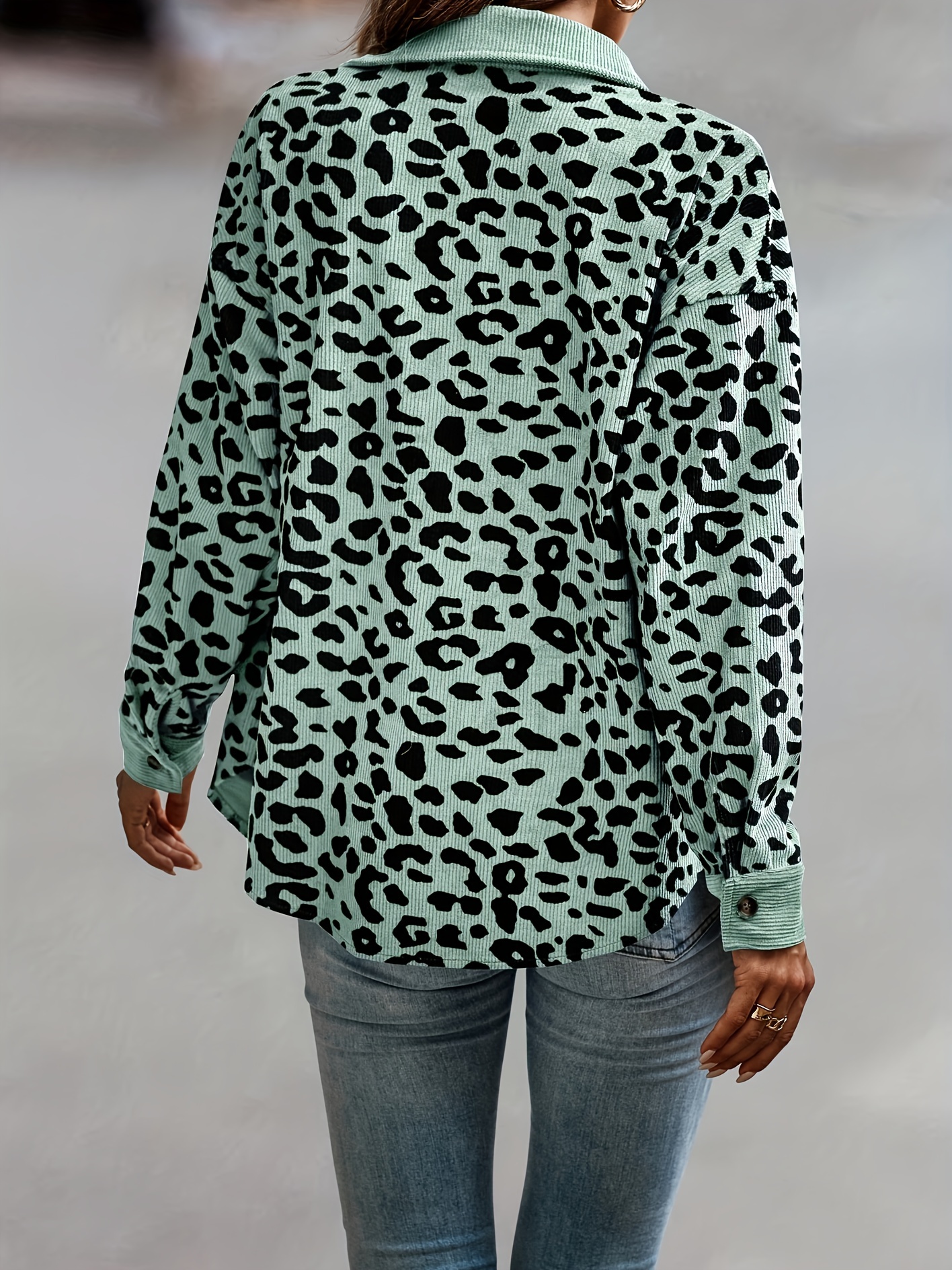 leopard print shacket jacket casual button front turn down collar long sleeve outerwear womens clothing details 16