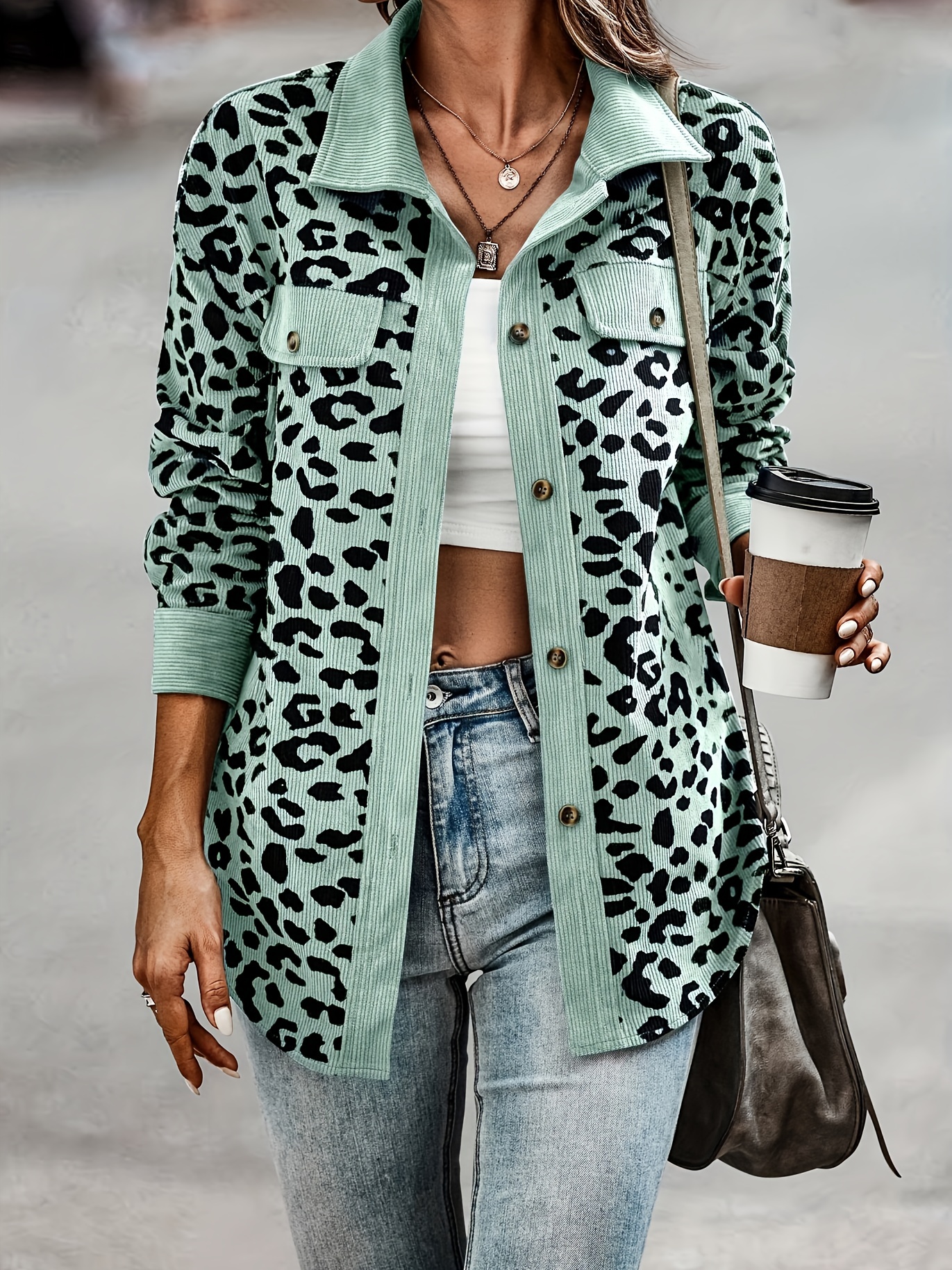 leopard print shacket jacket casual button front turn down collar long sleeve outerwear womens clothing details 17