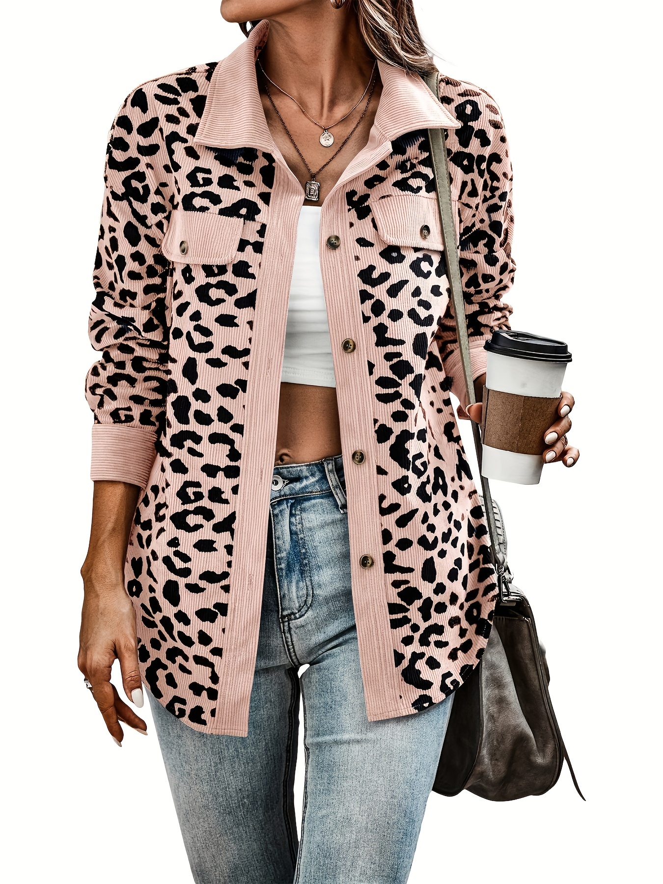 leopard print shacket jacket casual button front turn down collar long sleeve outerwear womens clothing details 20