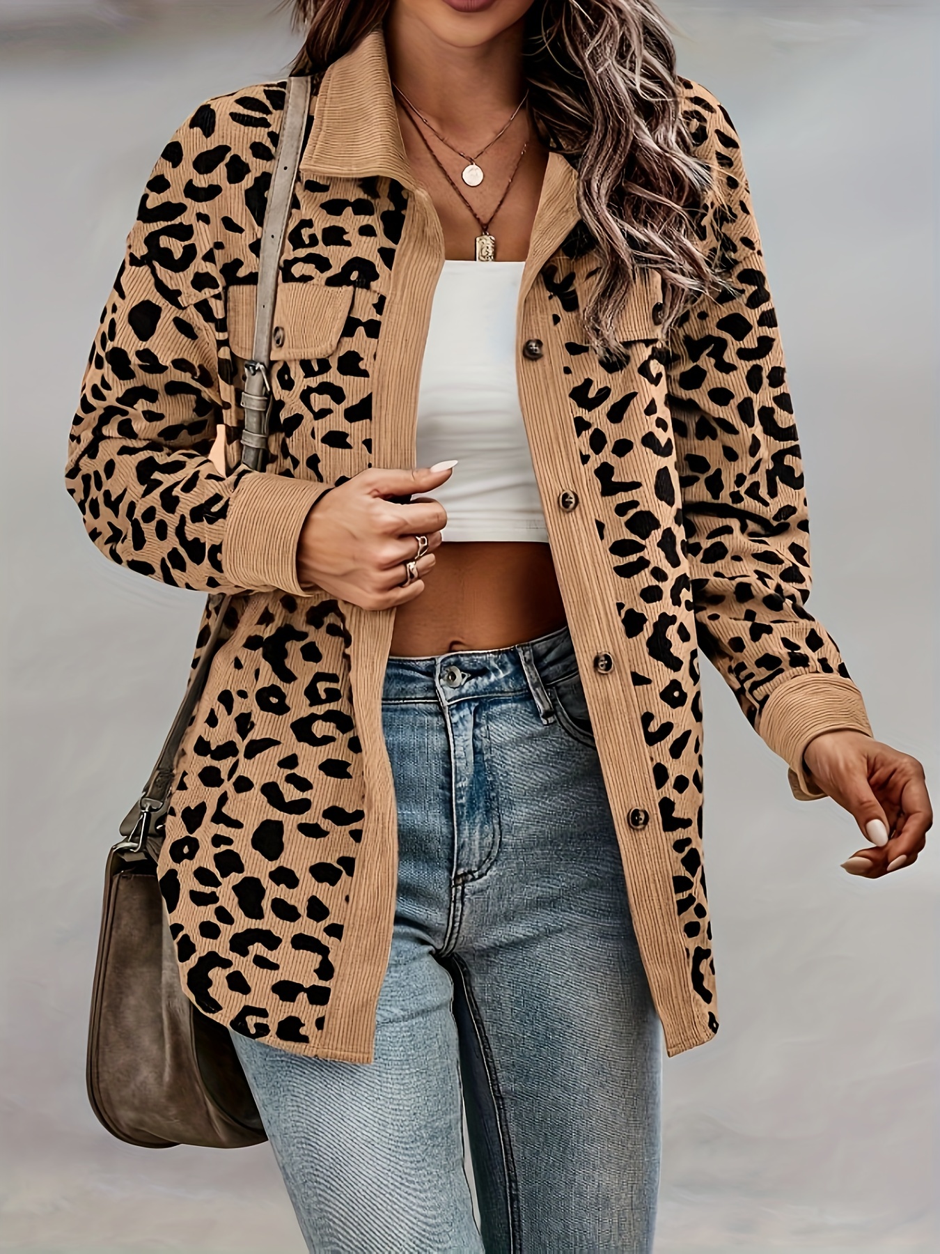 leopard print shacket jacket casual button front turn down collar long sleeve outerwear womens clothing details 21